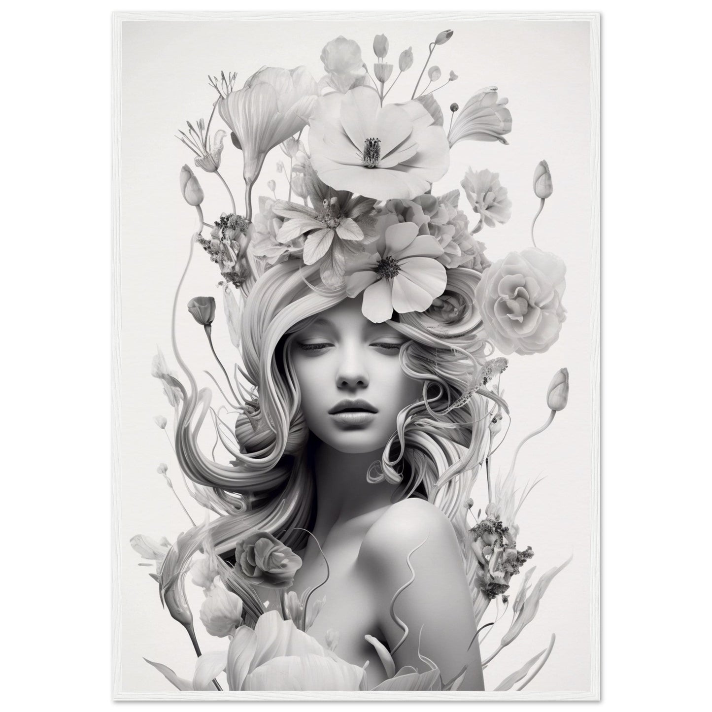 Monochrome portrait of a woman with an elaborate floral headdress and flowing hair.
