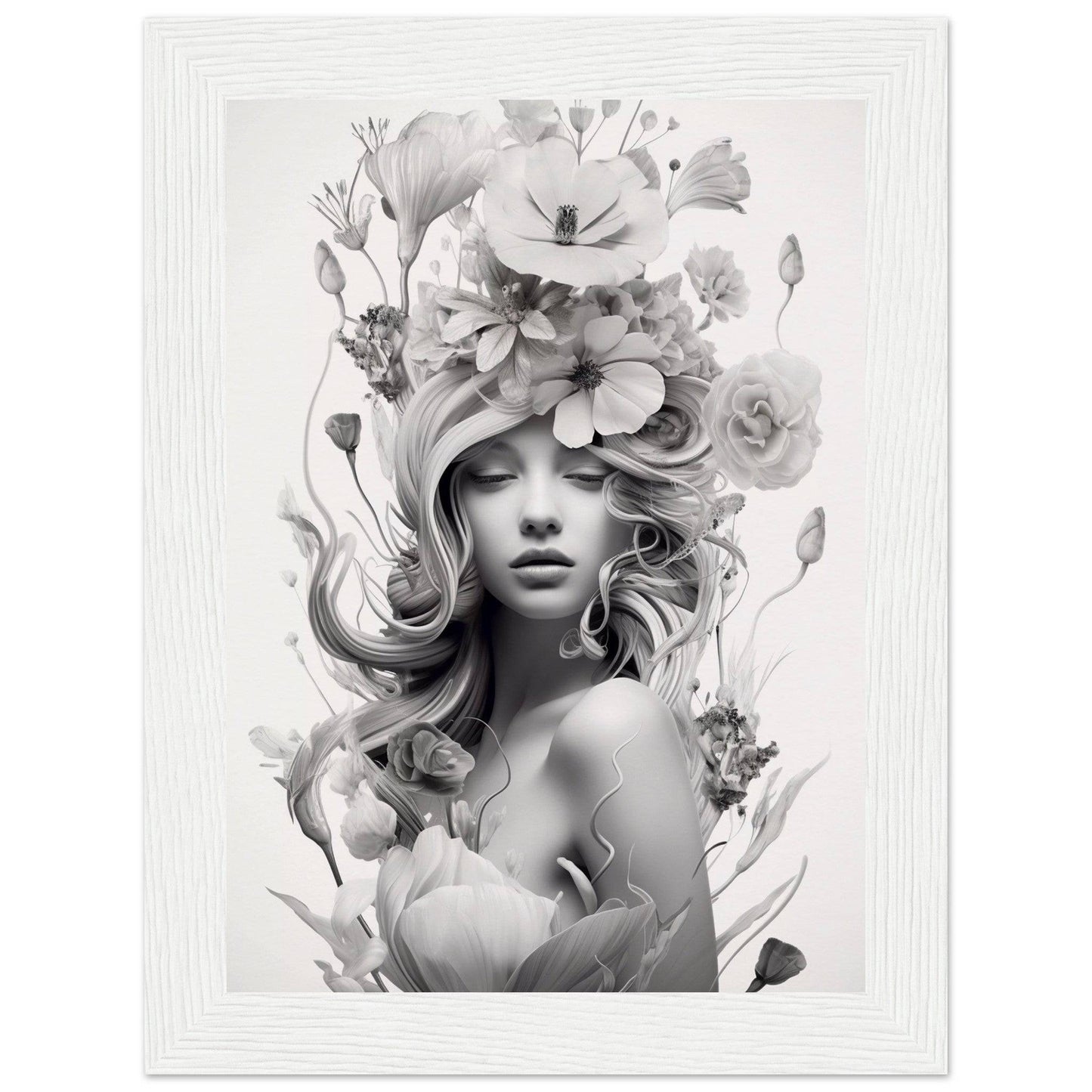A black and white portrait of a woman with flowing hair adorned with floral elements.