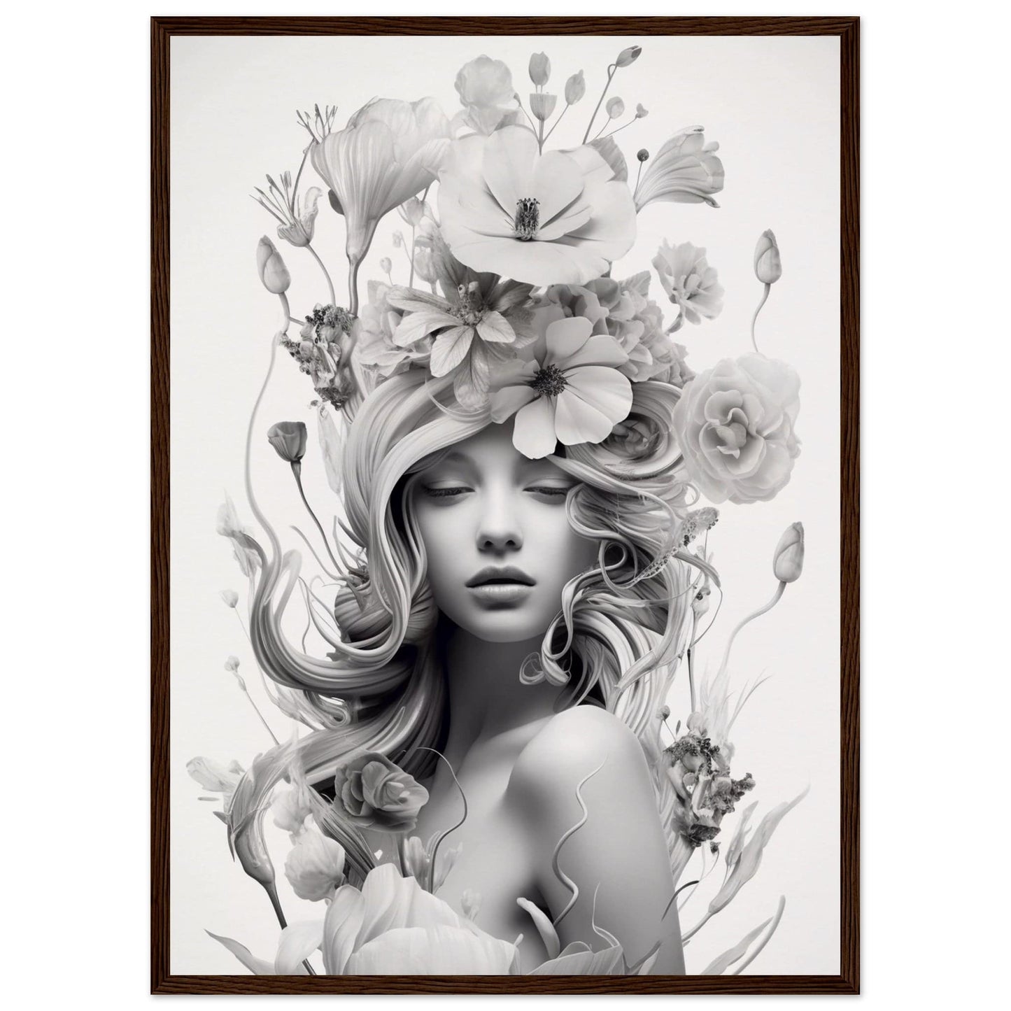 Monochrome portrait of a woman with flowing hair adorned by an elaborate floral headdress.