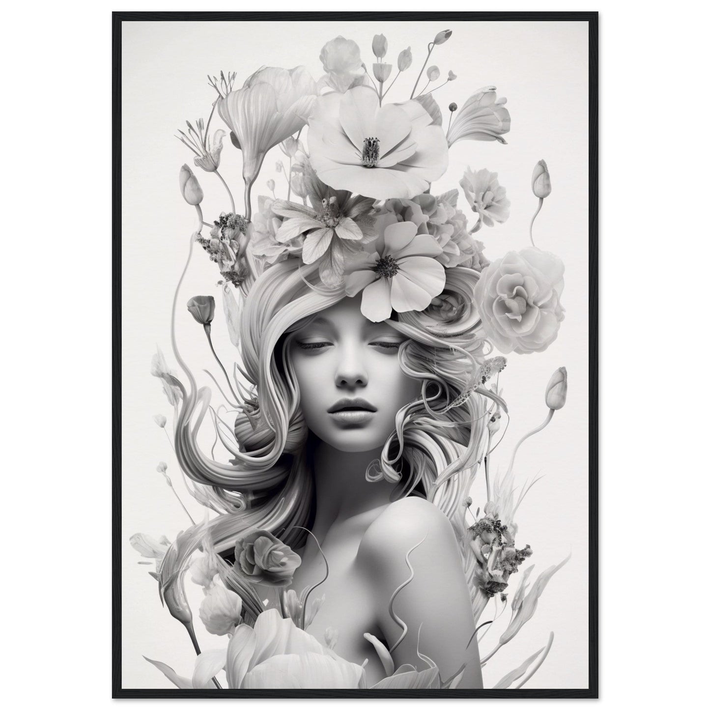 Black and white portrait of a woman with flowing hair adorned by an elaborate floral headdress.