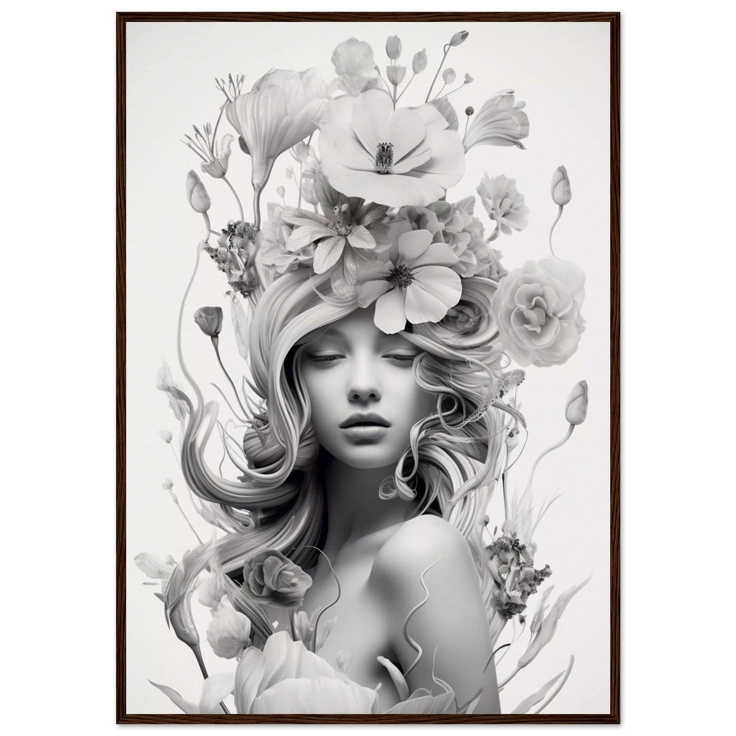 Black and white portrait of a woman with flowing hair adorned by an elaborate floral headdress.