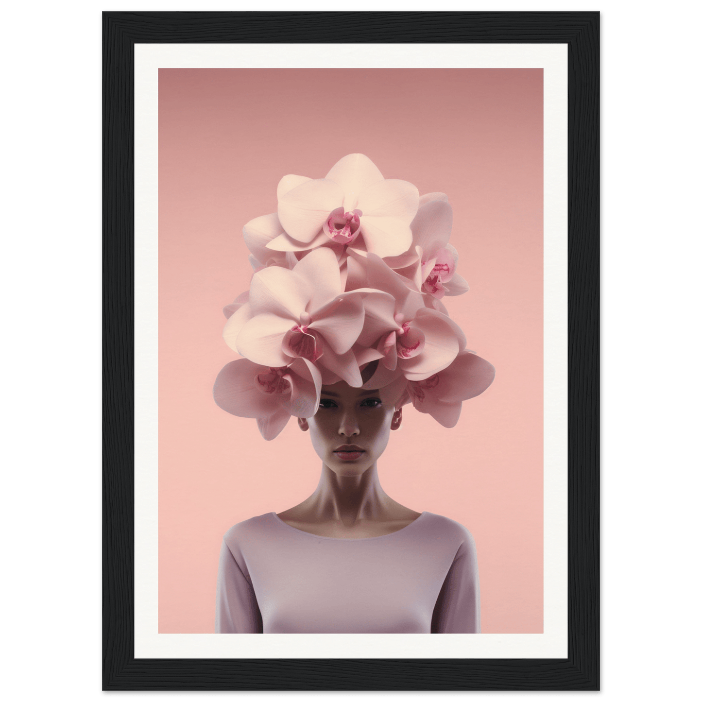 Surreal portrait featuring a person wearing an elaborate orchid headdress.