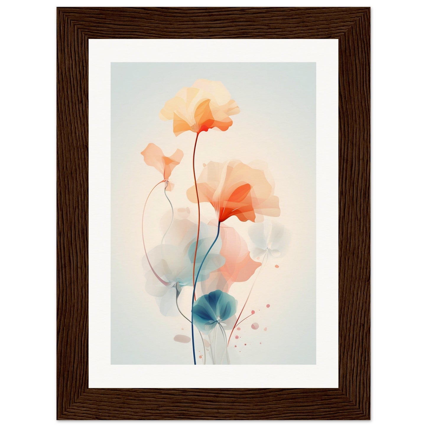 Framed watercolor painting of delicate, abstract flowers in soft pastel hues.