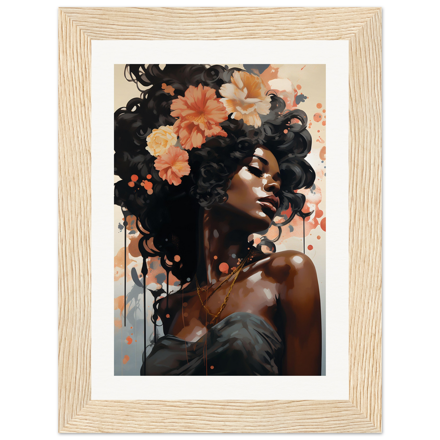 Portrait of a woman with flowers in her hair, painted in a vibrant, artistic style.