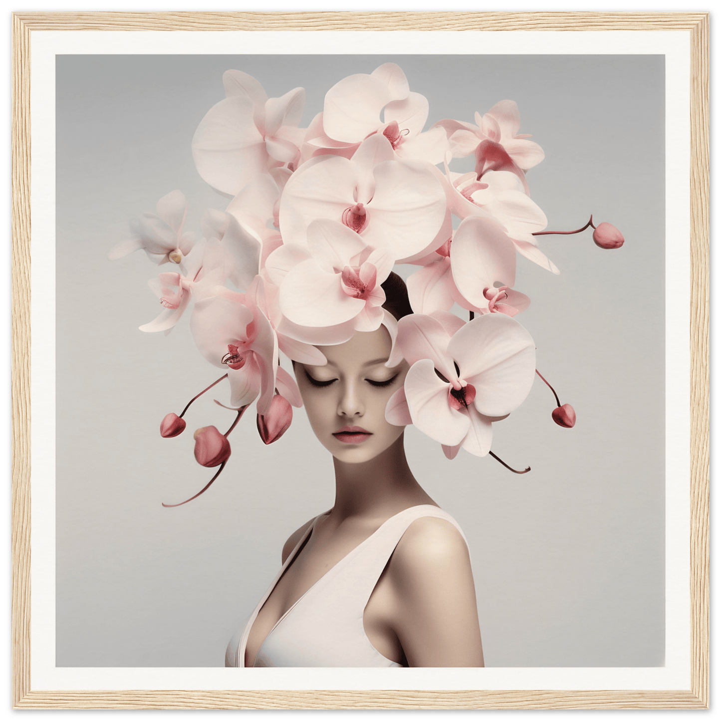 Artistic portrait featuring a person wearing an elaborate orchid headdress.
