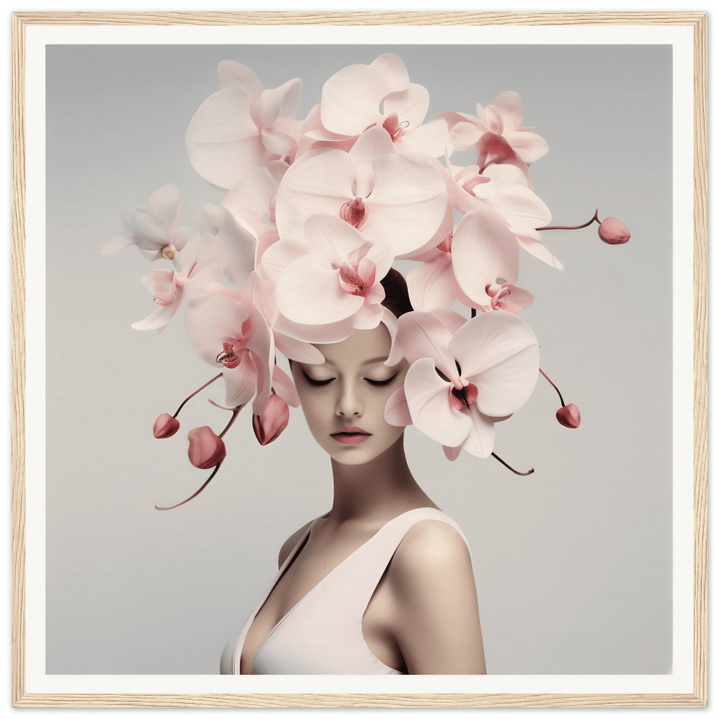 Elegant floral headdress composed of pale pink orchids adorning a figure’s head.