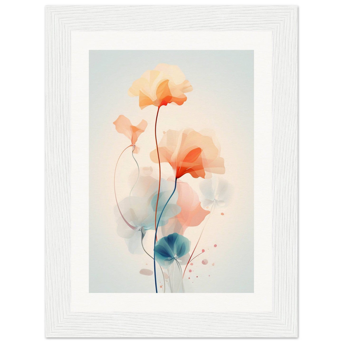 Delicate watercolor painting of abstract flowers with soft peach and blue hues.