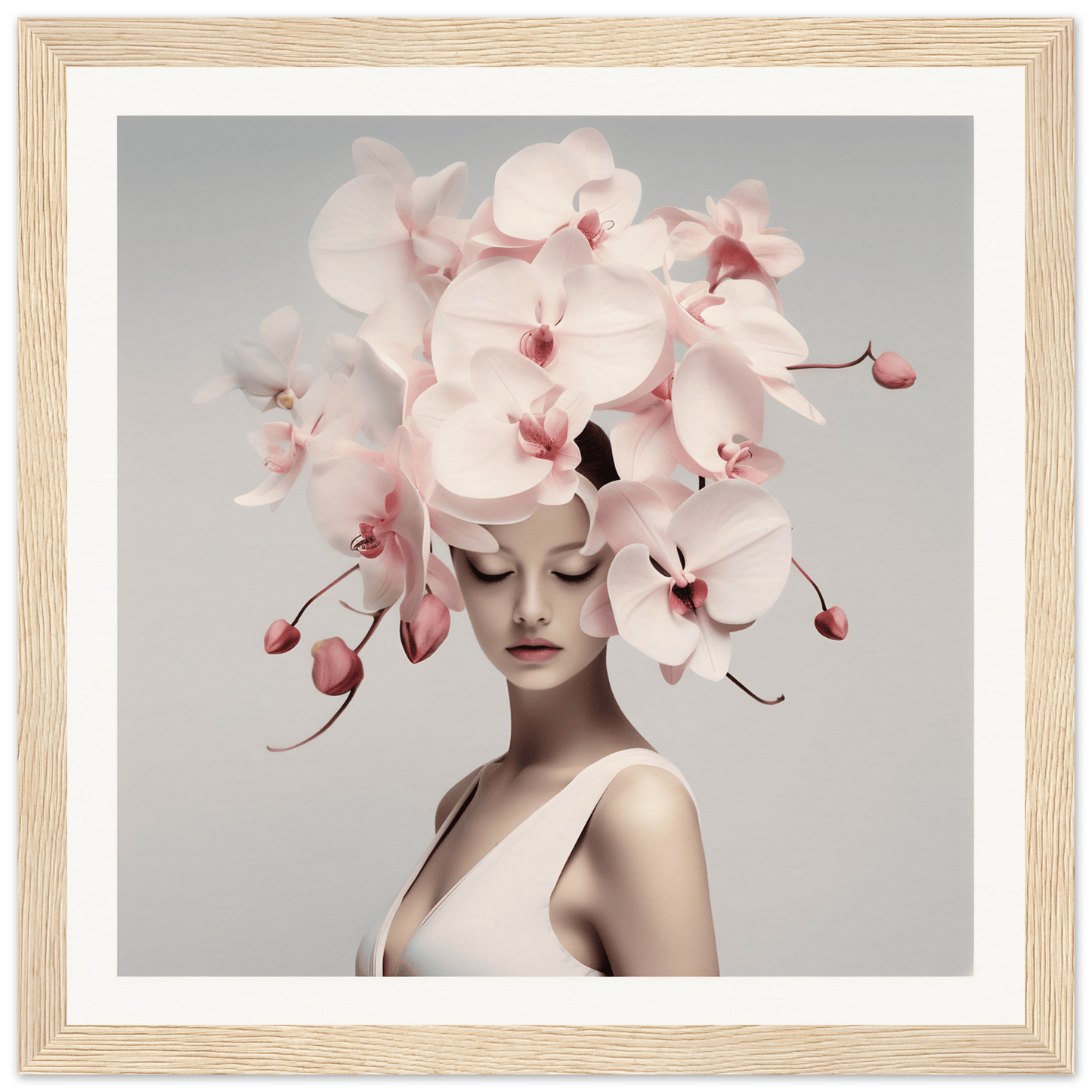 Woman wearing an elaborate headdress made of pale pink orchids.
