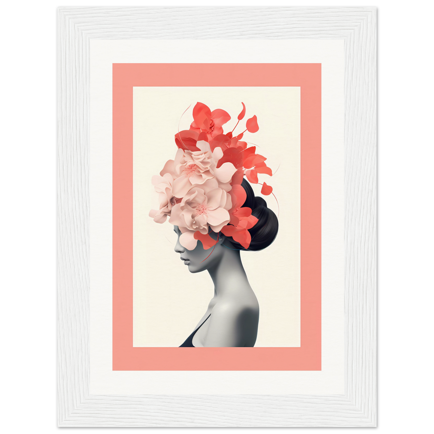 Artistic portrait of a woman’s profile with floral elements forming her hair and headdress.