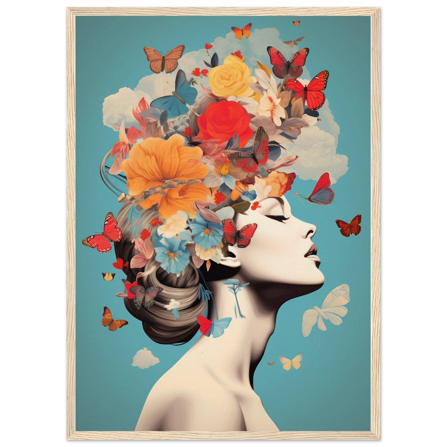 Artistic portrait featuring a profile view with vibrant flowers, butterflies, and clouds forming an elaborate headdress.