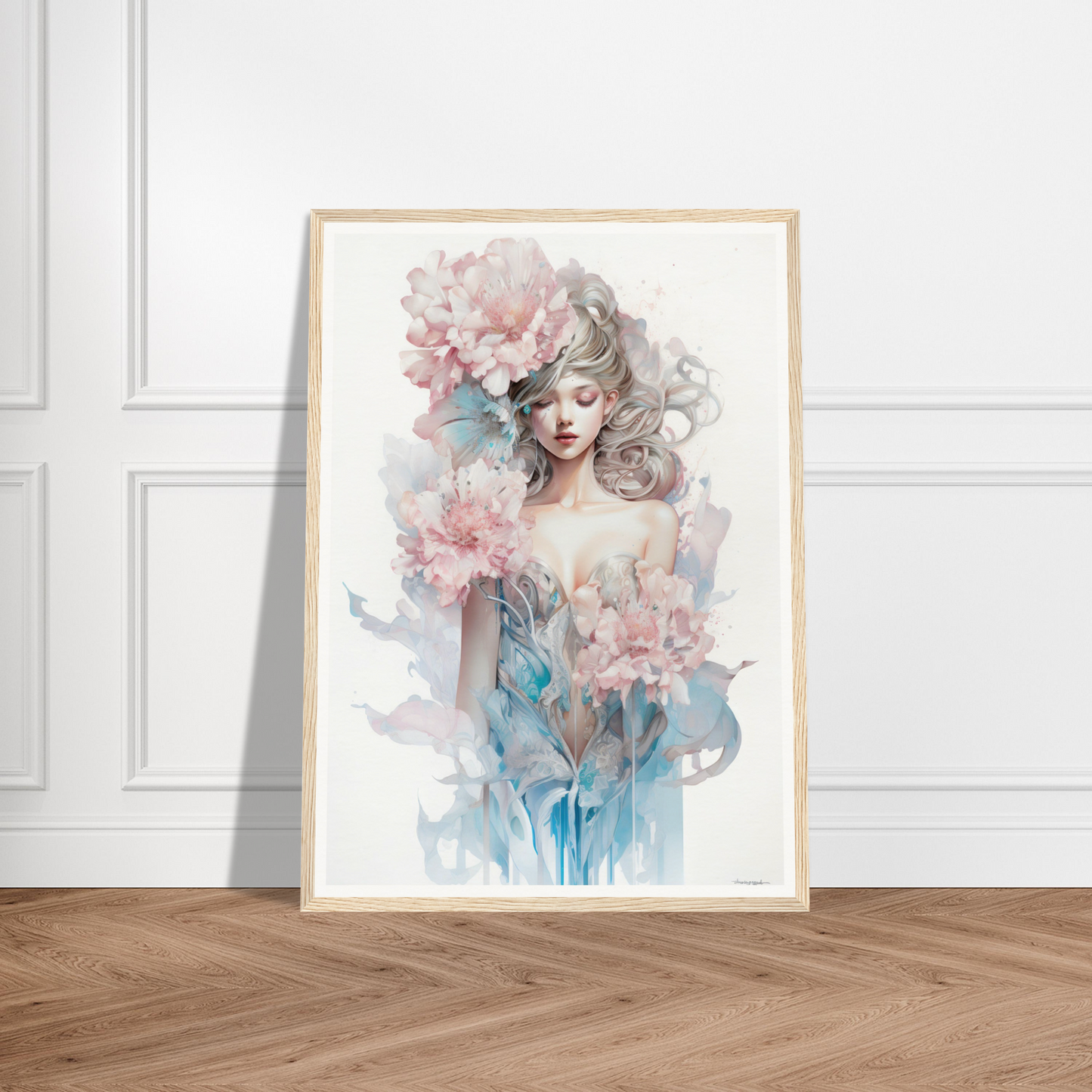 Framed watercolor painting of a woman with flowers and ethereal elements.