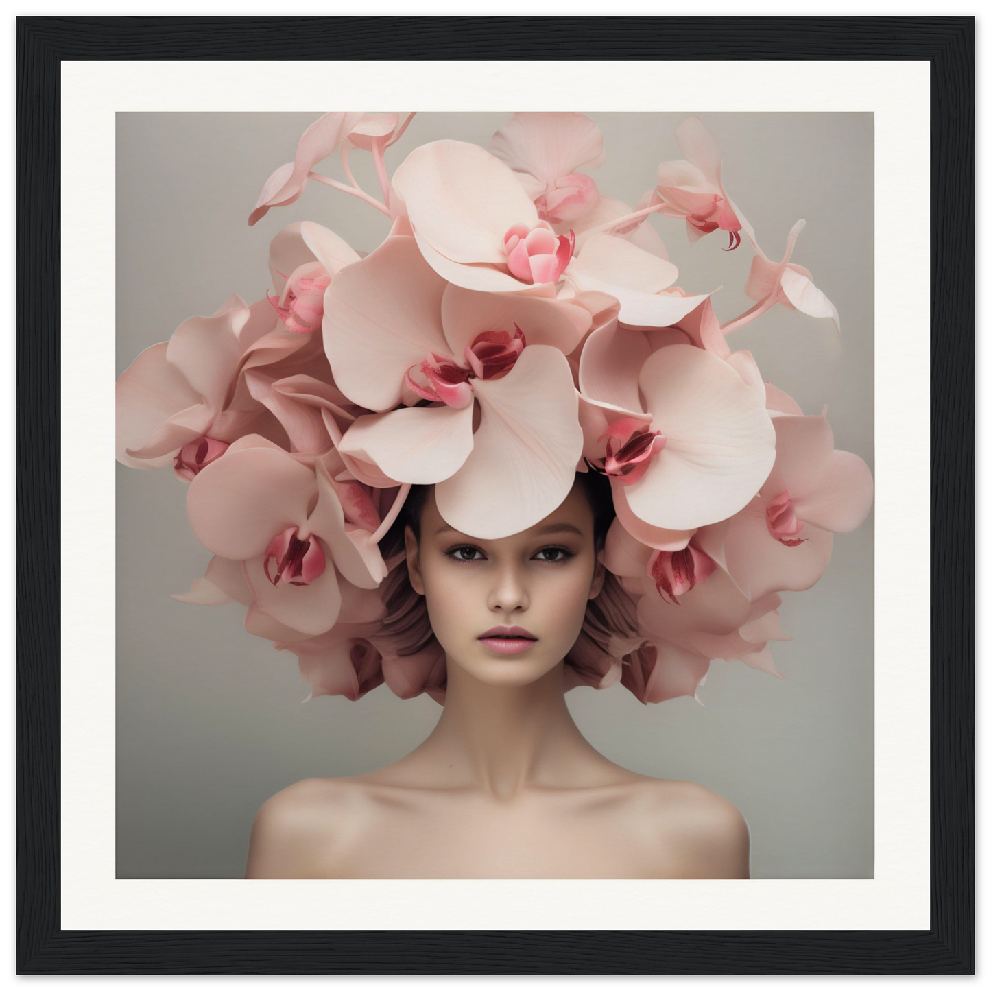 Elaborate floral headdress made of pink orchids worn by a person.