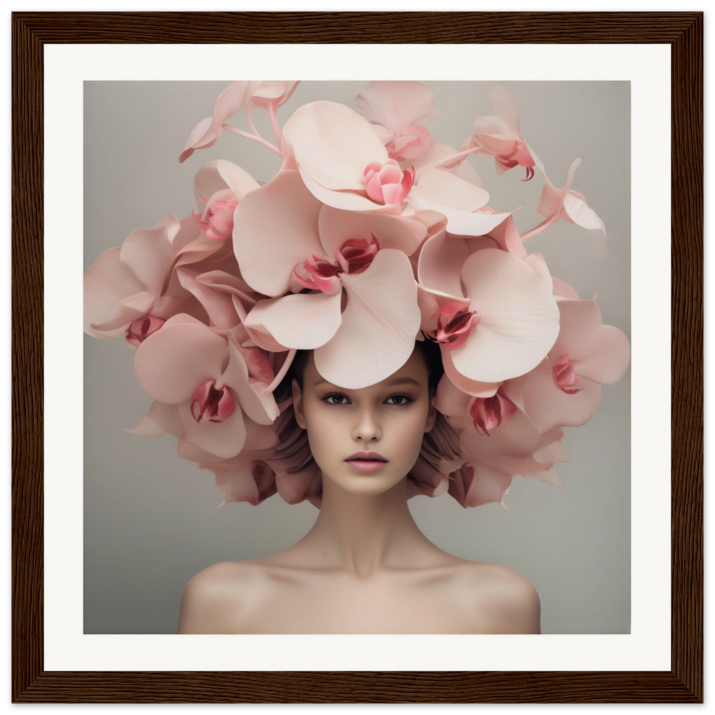 Elaborate floral headpiece made of pale pink orchids worn by a woman.