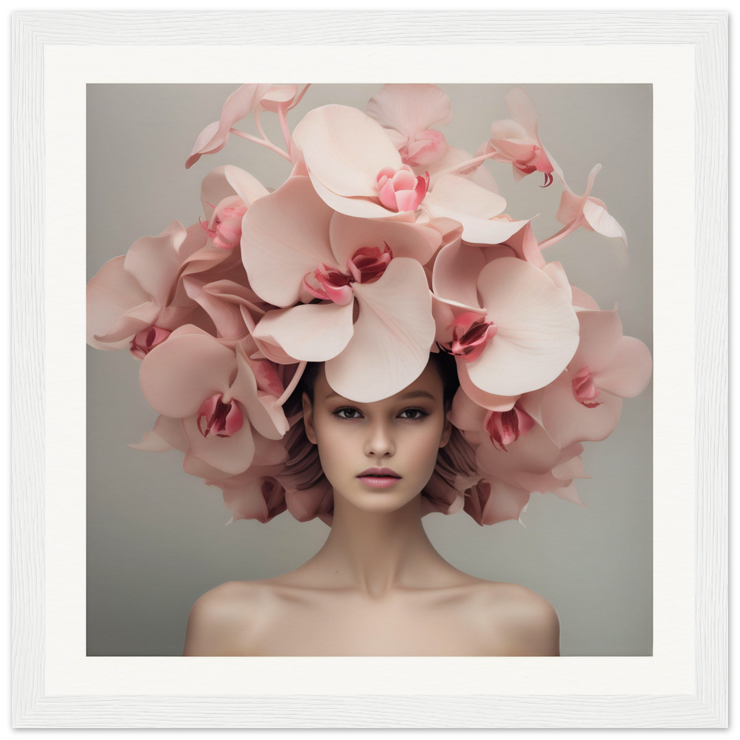 Elaborate floral headdress made of pale pink orchids.