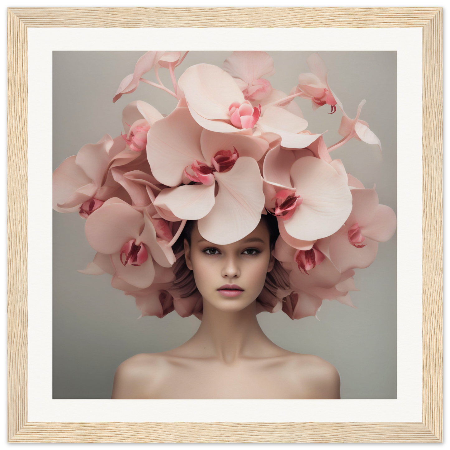 Elaborate floral headdress made of pale pink orchids.