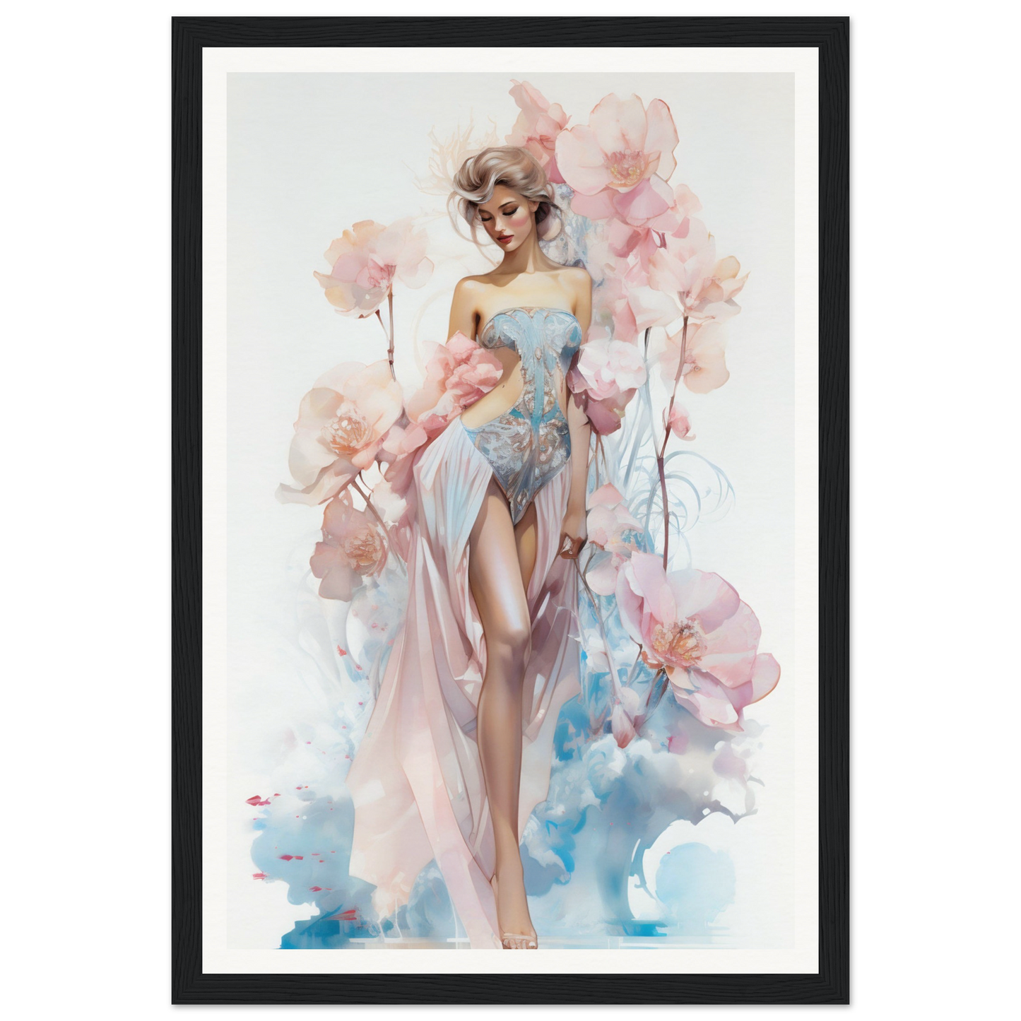 Watercolor painting of a stylized woman in a flowing dress surrounded by floral elements.