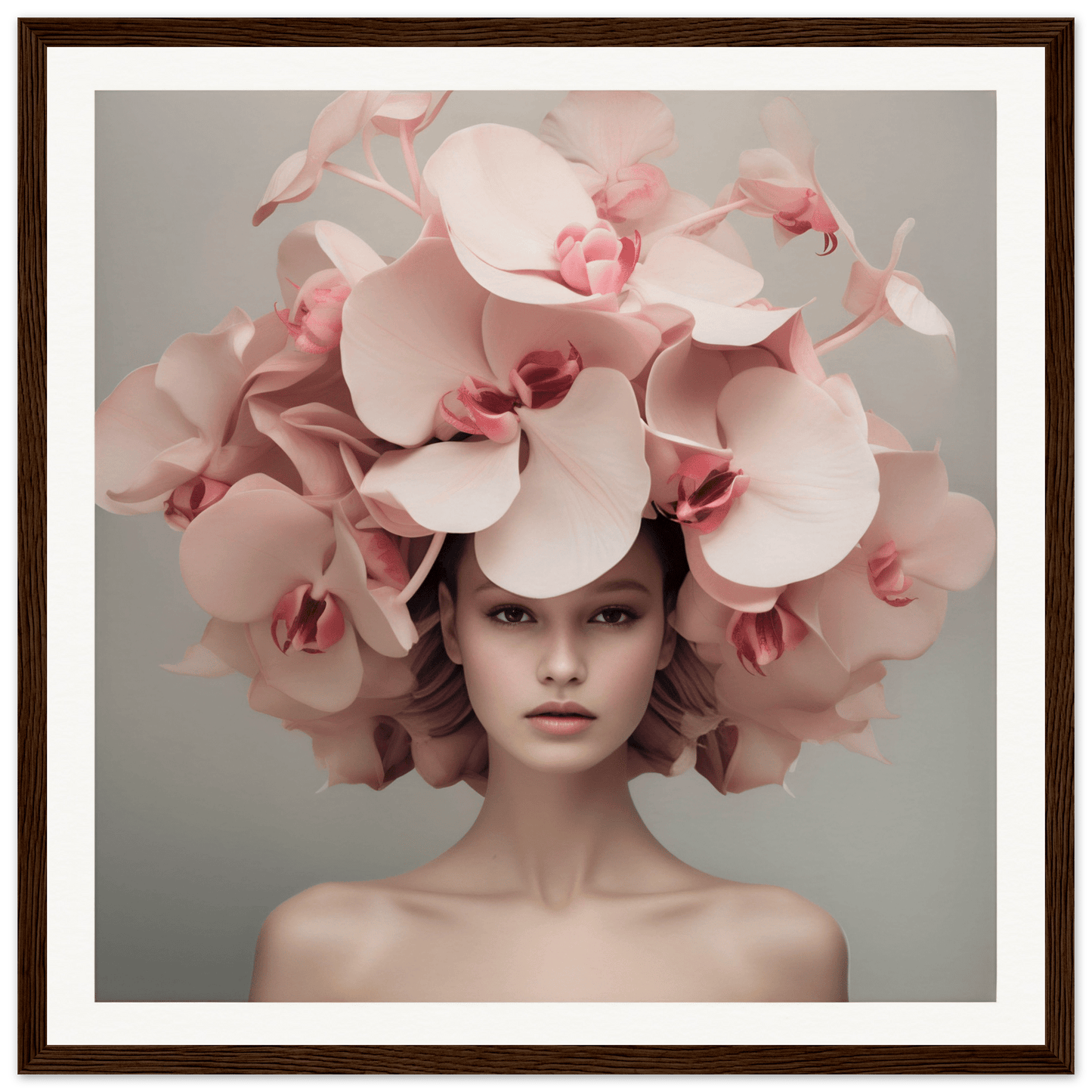 Elaborate floral headdress made of pale pink orchids worn by a woman.
