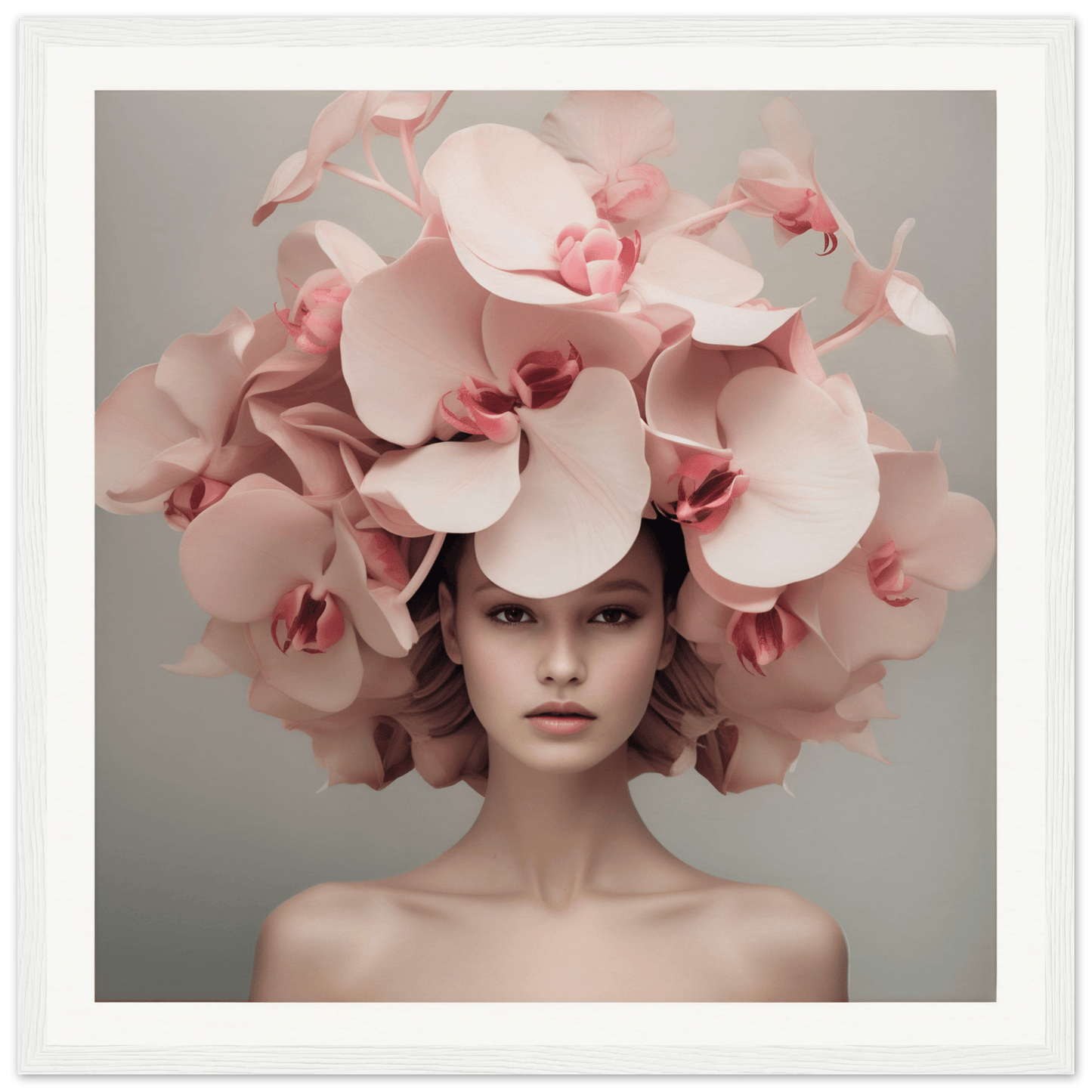 Elaborate floral headdress made of pale pink orchids.