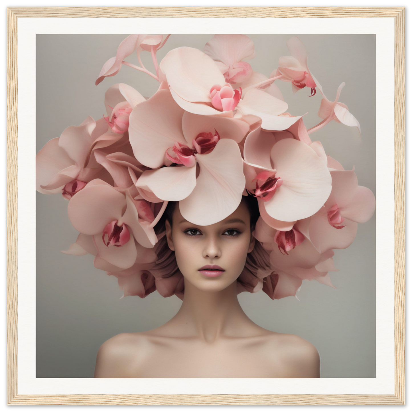 Elaborate floral headdress made of pale pink orchids.