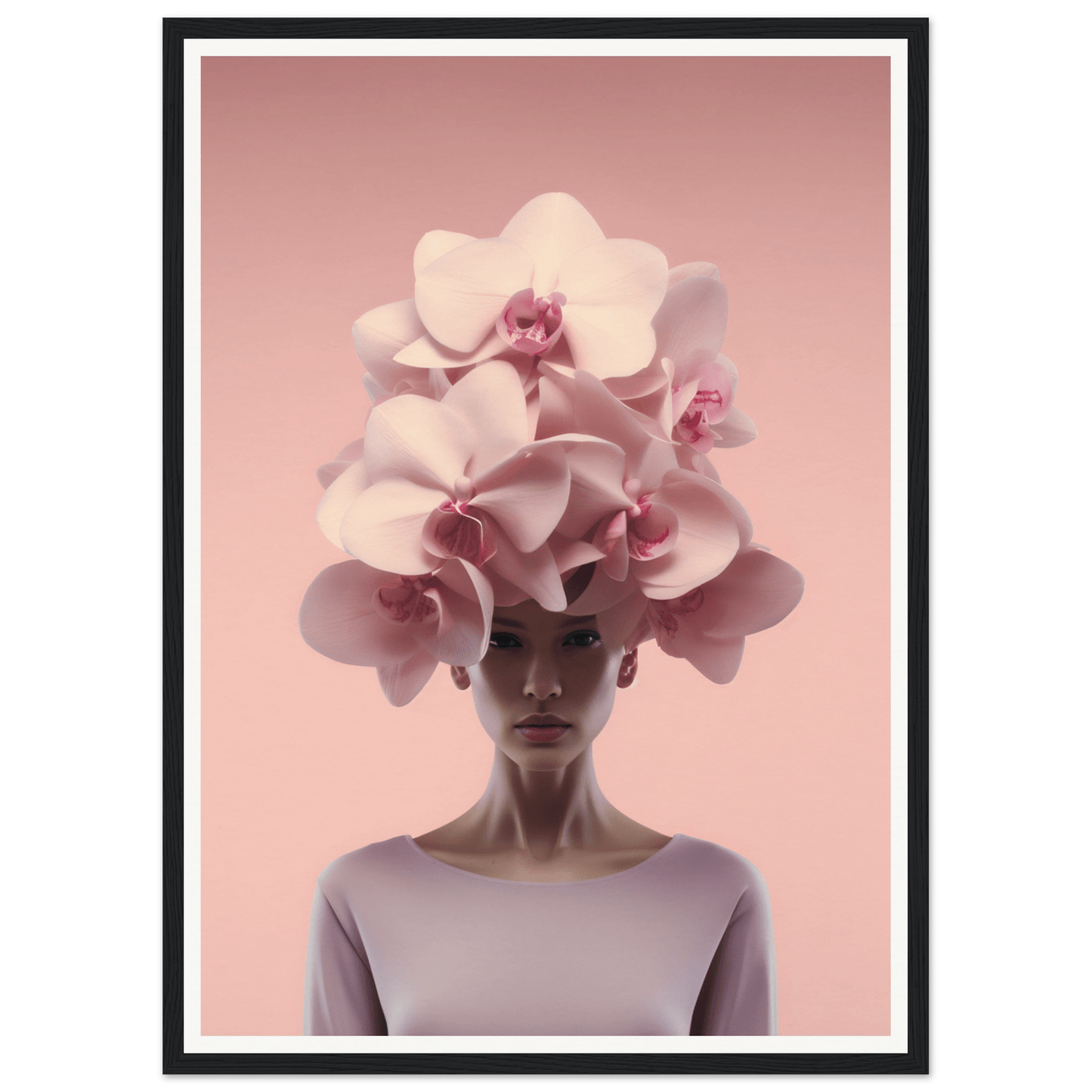 Surreal portrait featuring a figure wearing an elaborate orchid headdress.