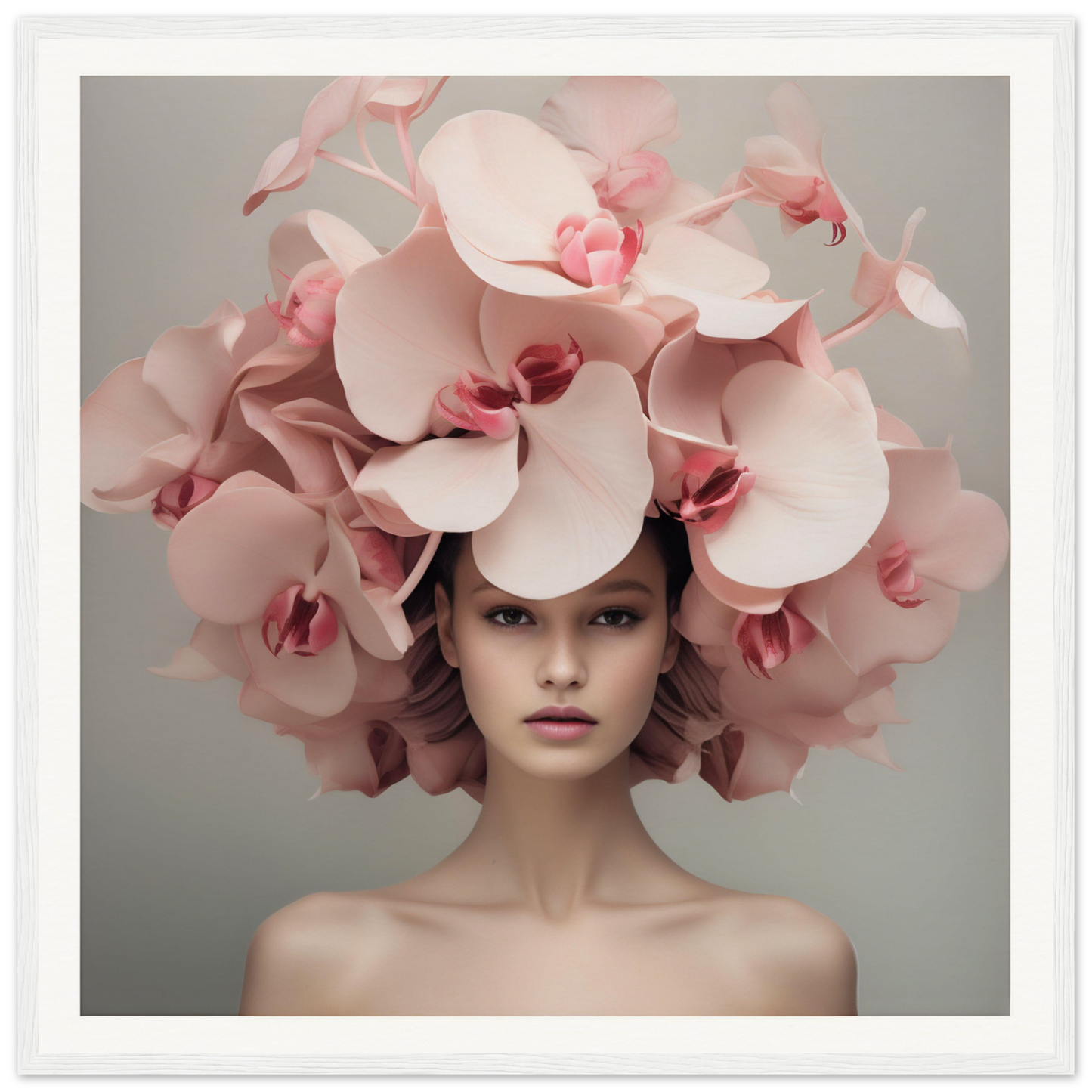 Elaborate floral headdress made of pale pink orchids.