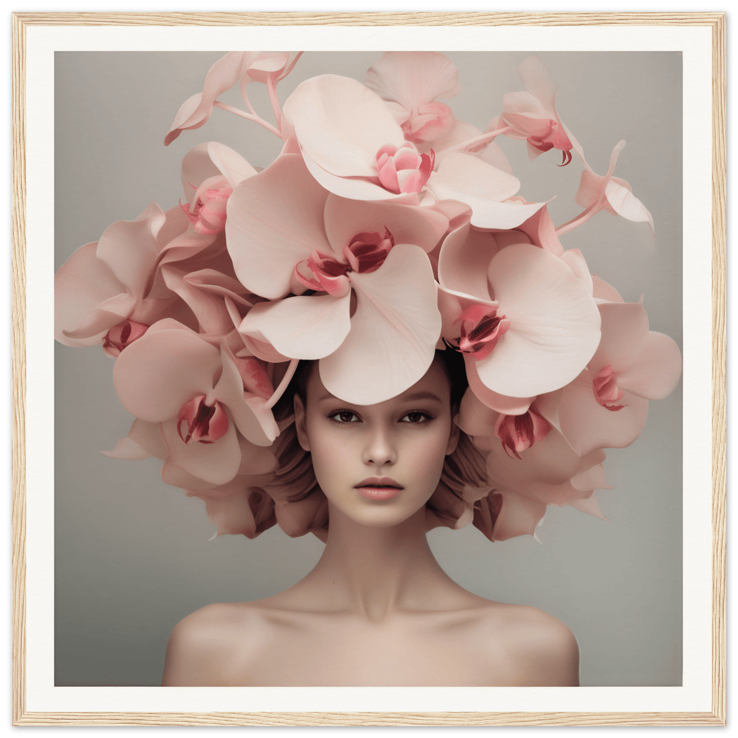 Elaborate floral headdress made of pale pink orchids.