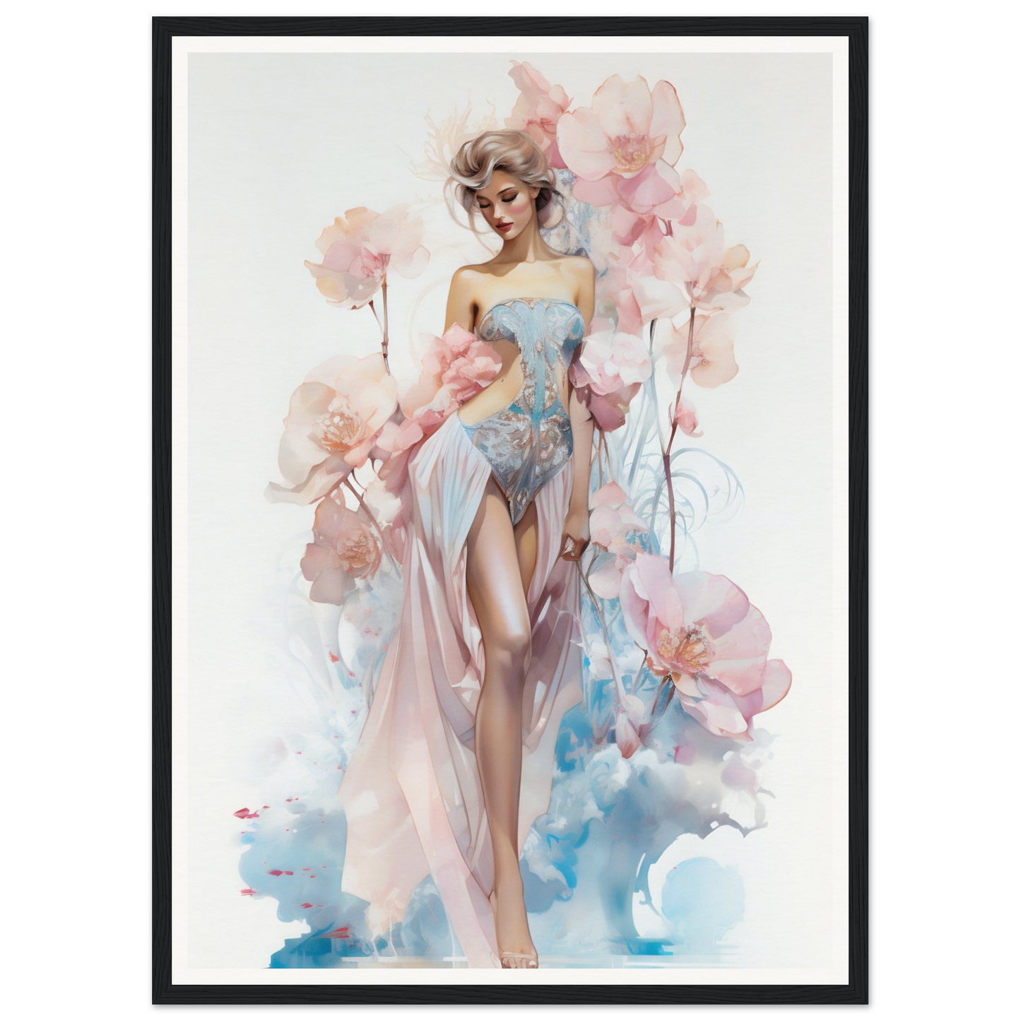 Watercolor painting of a graceful woman in a flowing dress surrounded by delicate pink flowers.