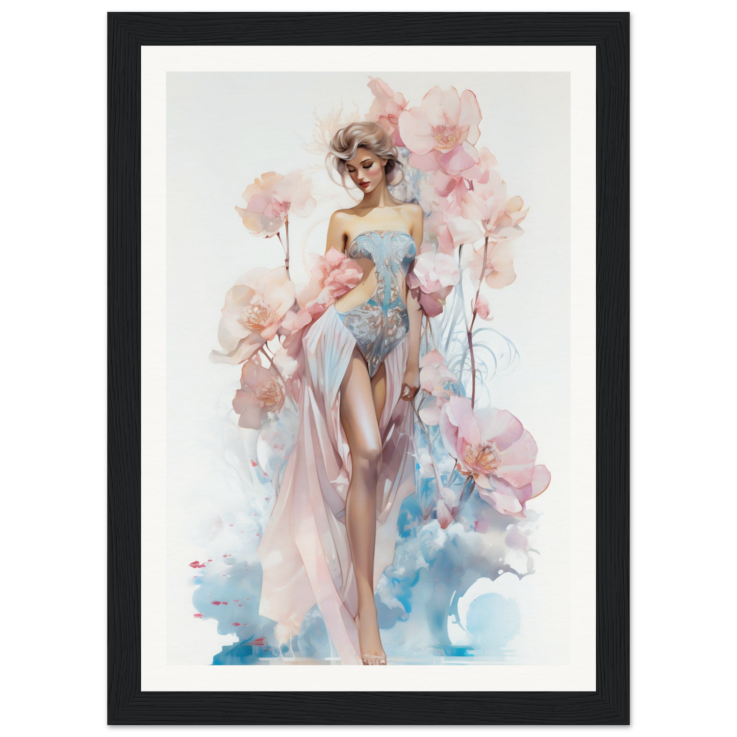 Watercolor-style painting of a graceful woman surrounded by delicate pink flowers.