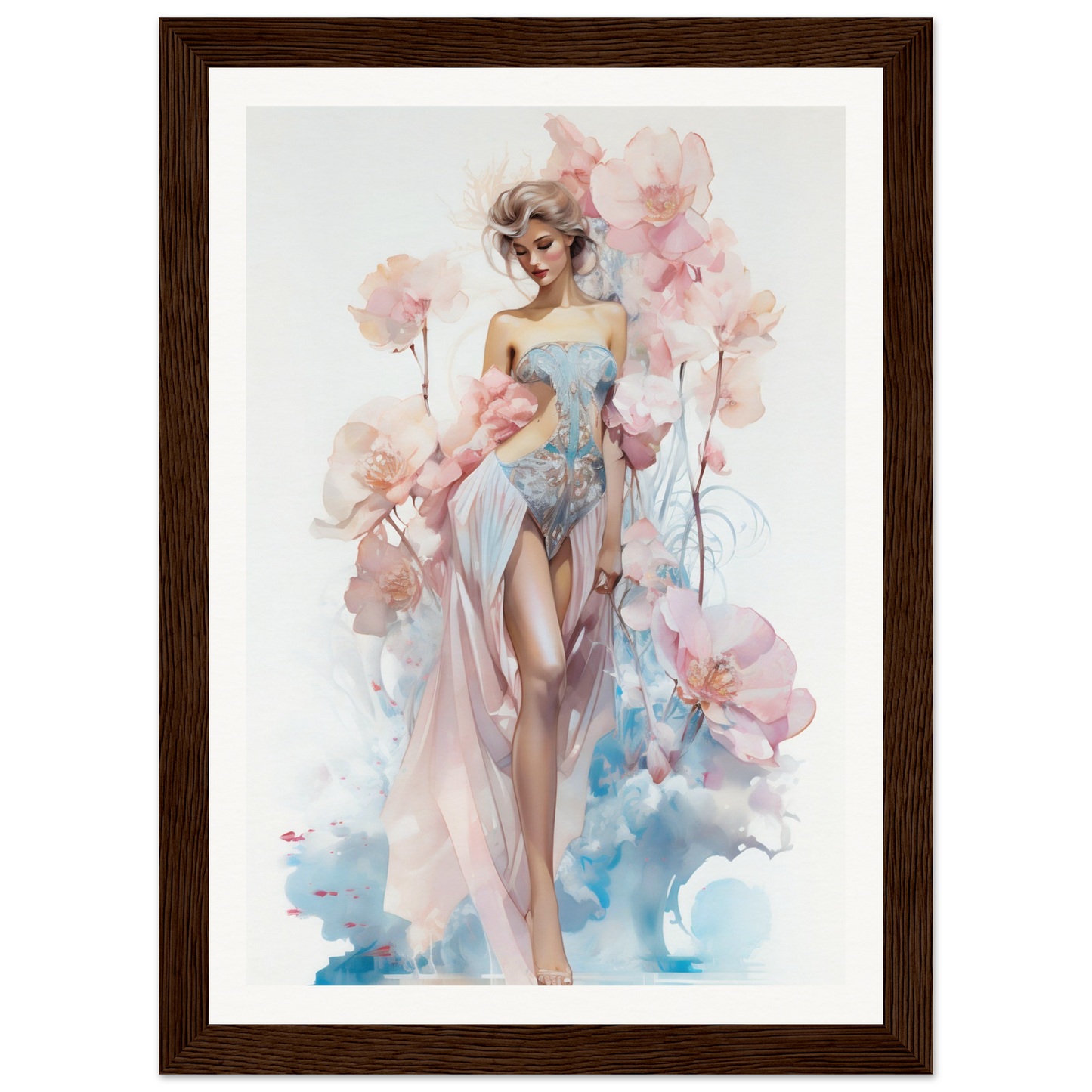 Watercolor painting of a stylized woman surrounded by pink flowers.