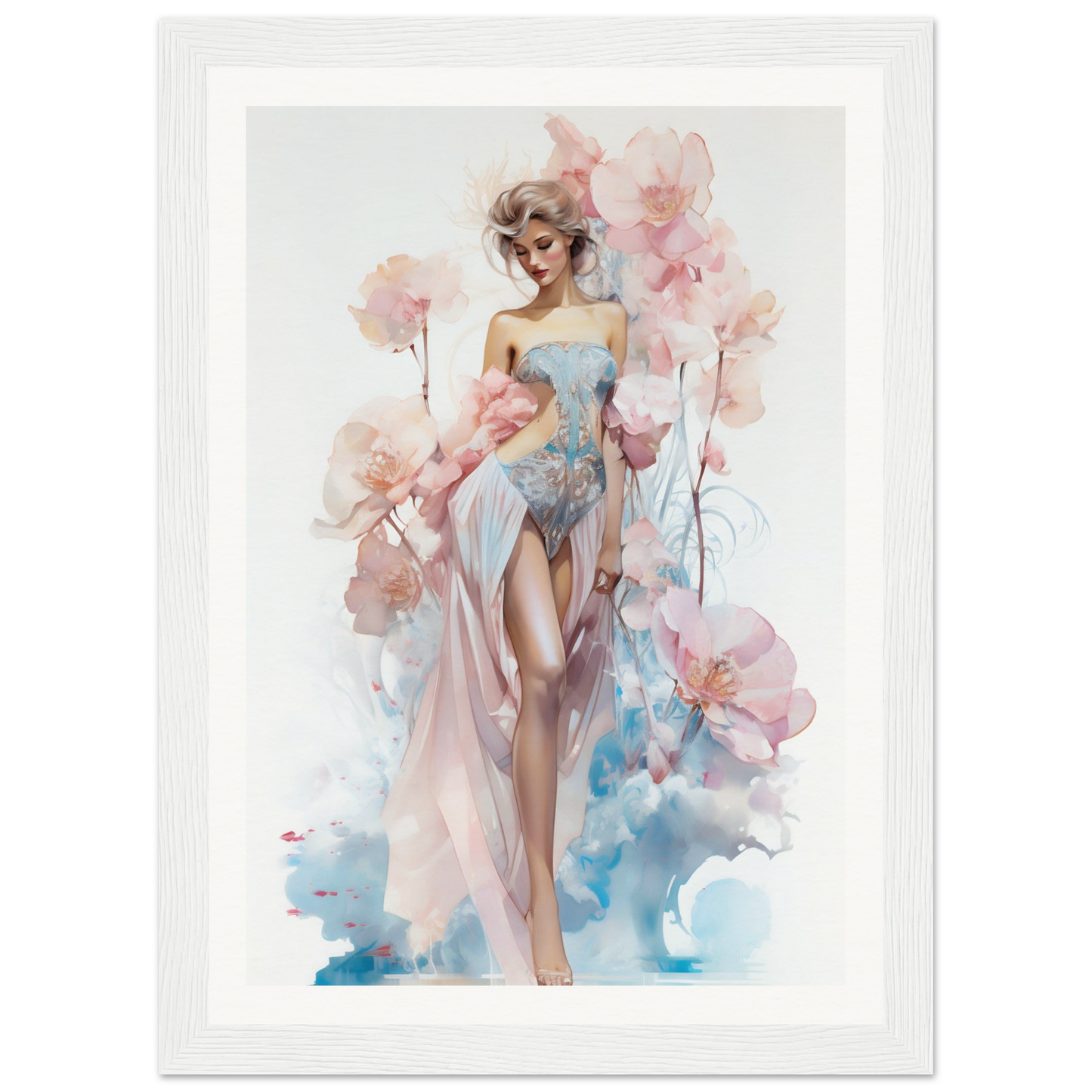 Watercolor-style painting of a graceful woman in a flowing dress surrounded by delicate pink flowers.