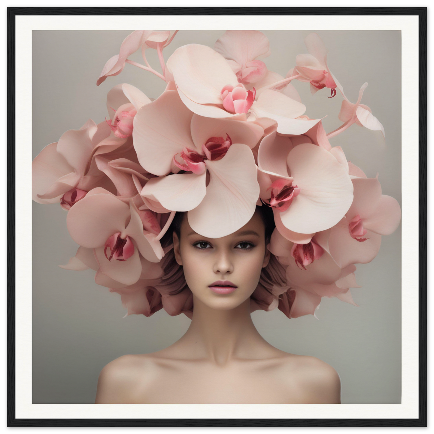 Elaborate floral headdress made of pale pink orchids.