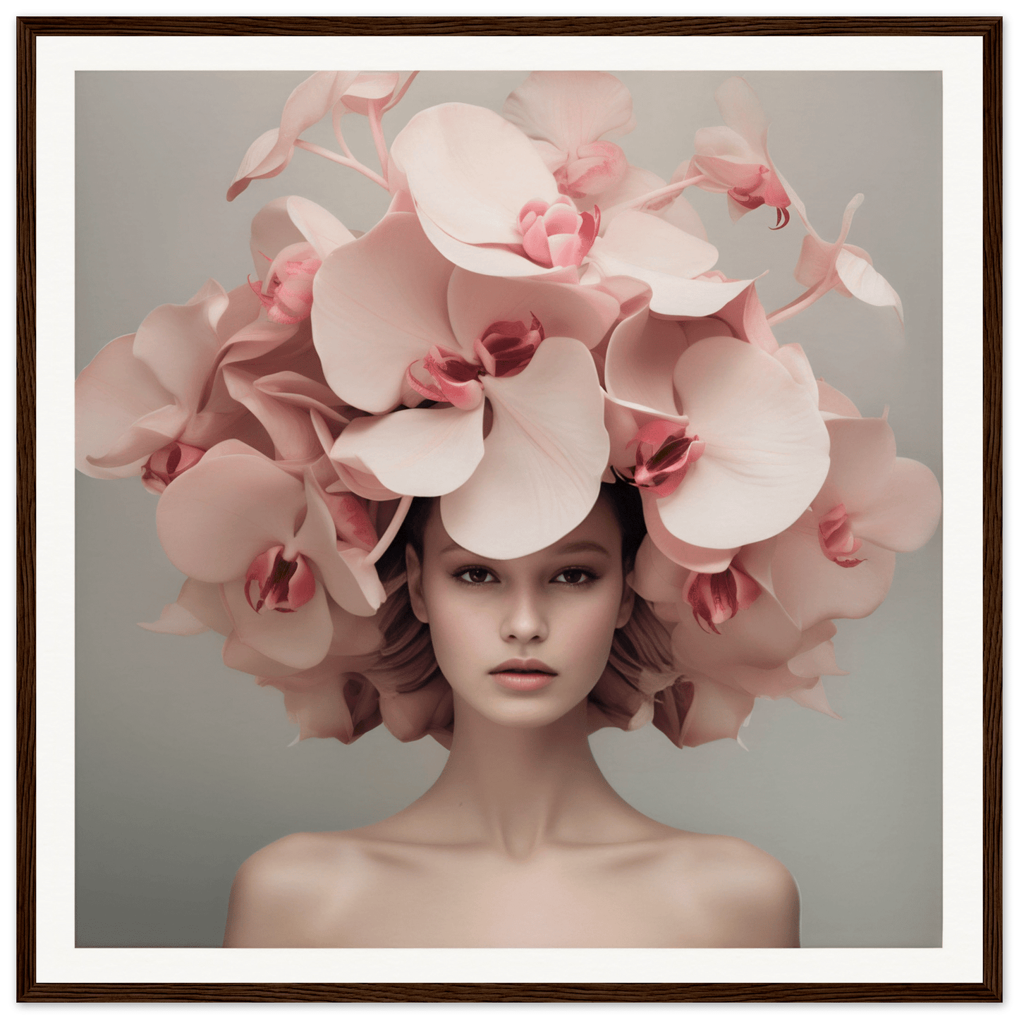 Elaborate floral headdress made of pale pink orchids.