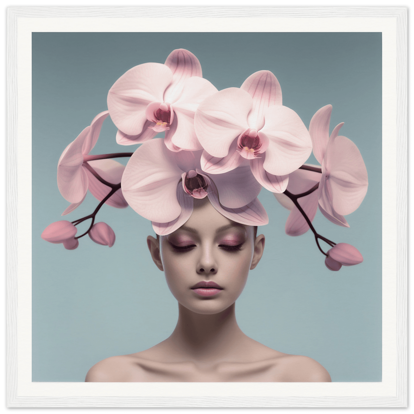 Delicate pink orchid blossoms arranged atop a person’s head like an elaborate floral headdress.