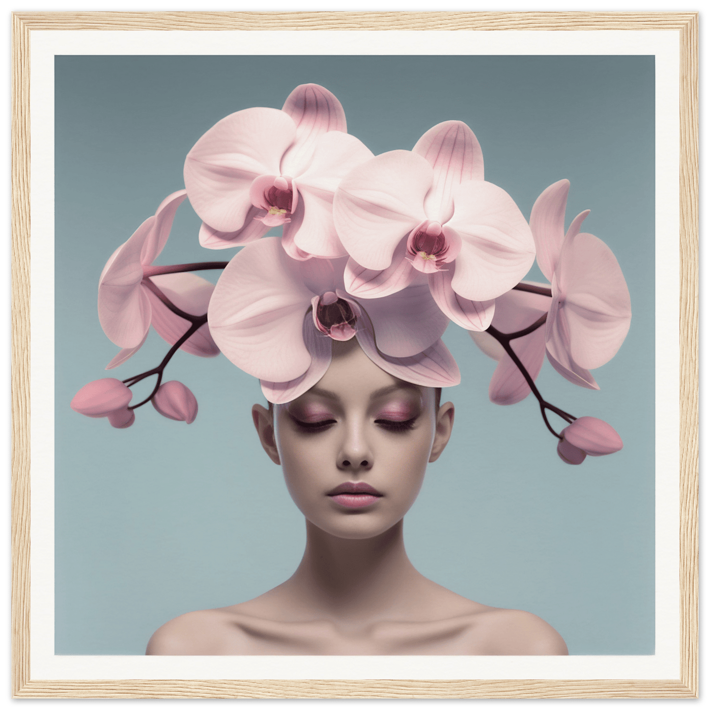 Delicate pink orchids arranged as an elaborate headdress.