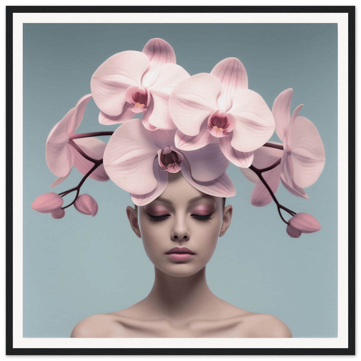 Delicate pink orchid blooms arranged atop a person’s head like an elaborate floral headdress.
