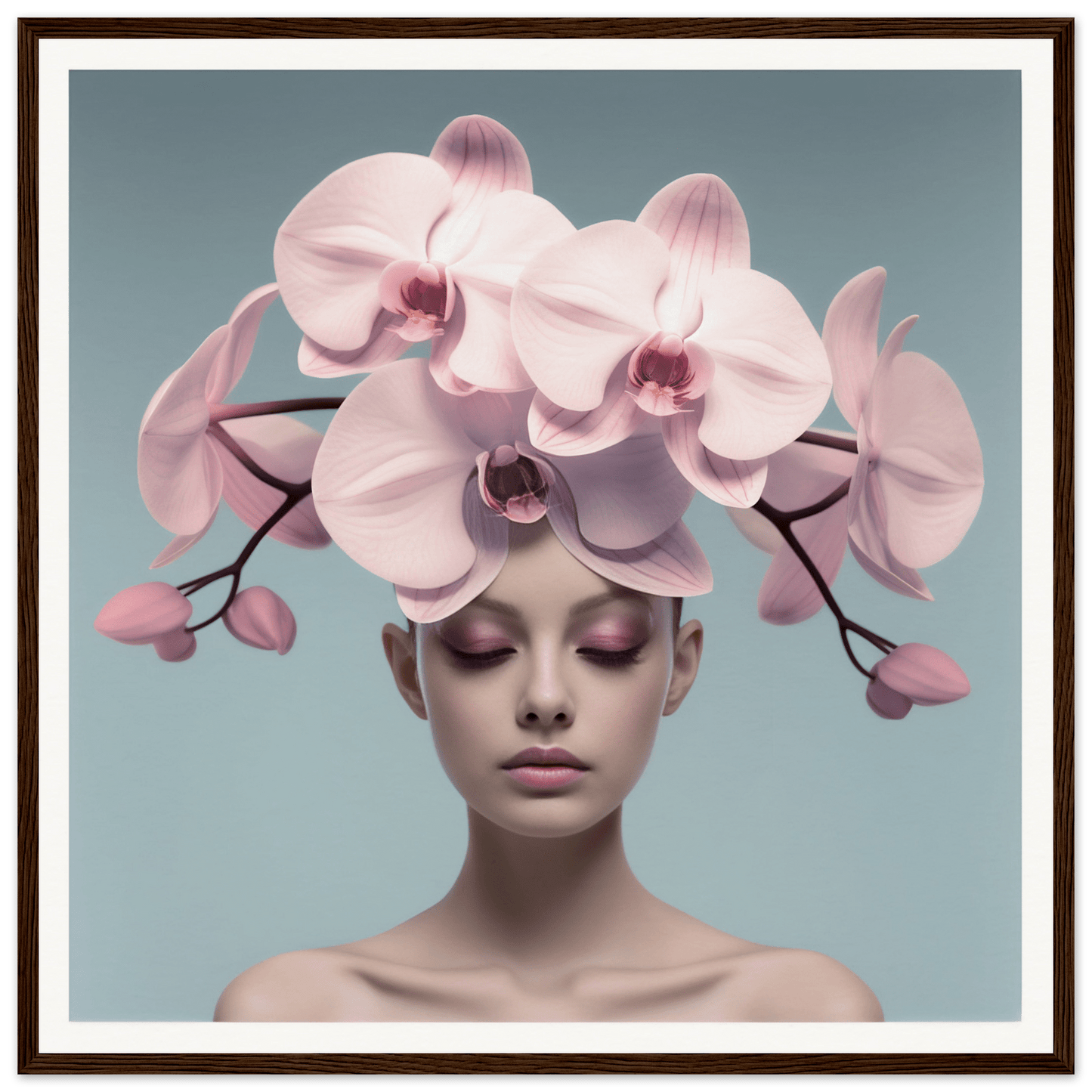 Delicate pink orchids arranged atop a person’s head like an elaborate floral headdress.