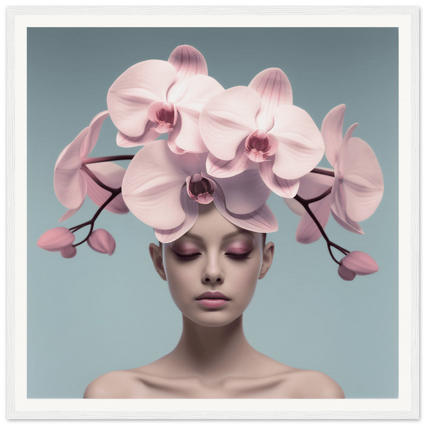 Delicate pink orchid blooms arranged atop a person’s head like an elaborate floral headdress.