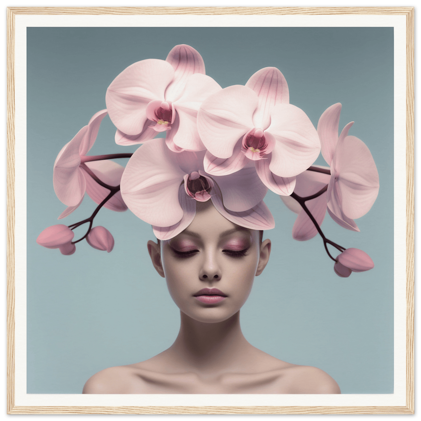Elegant orchid headdress adorning a person’s head.