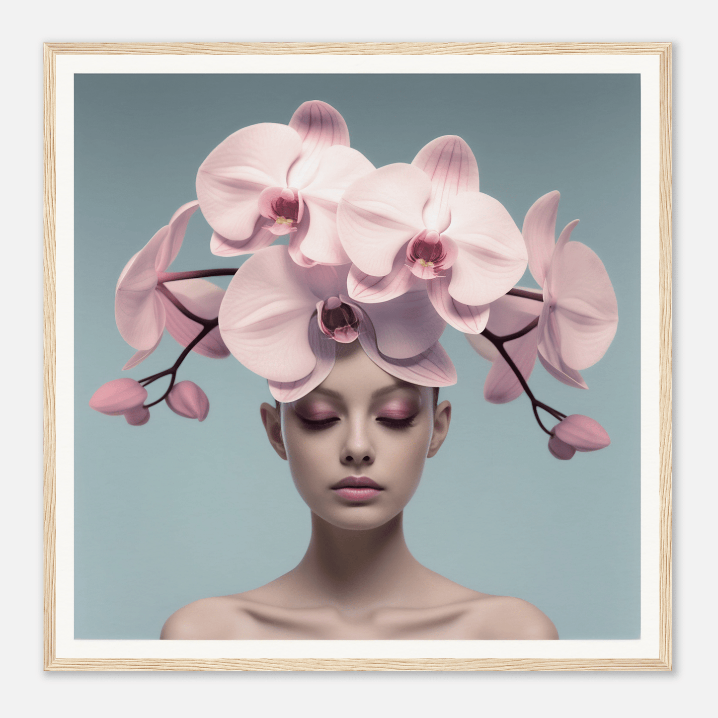 Delicate pink orchid blooms arranged atop a person’s head like an elaborate floral headdress.