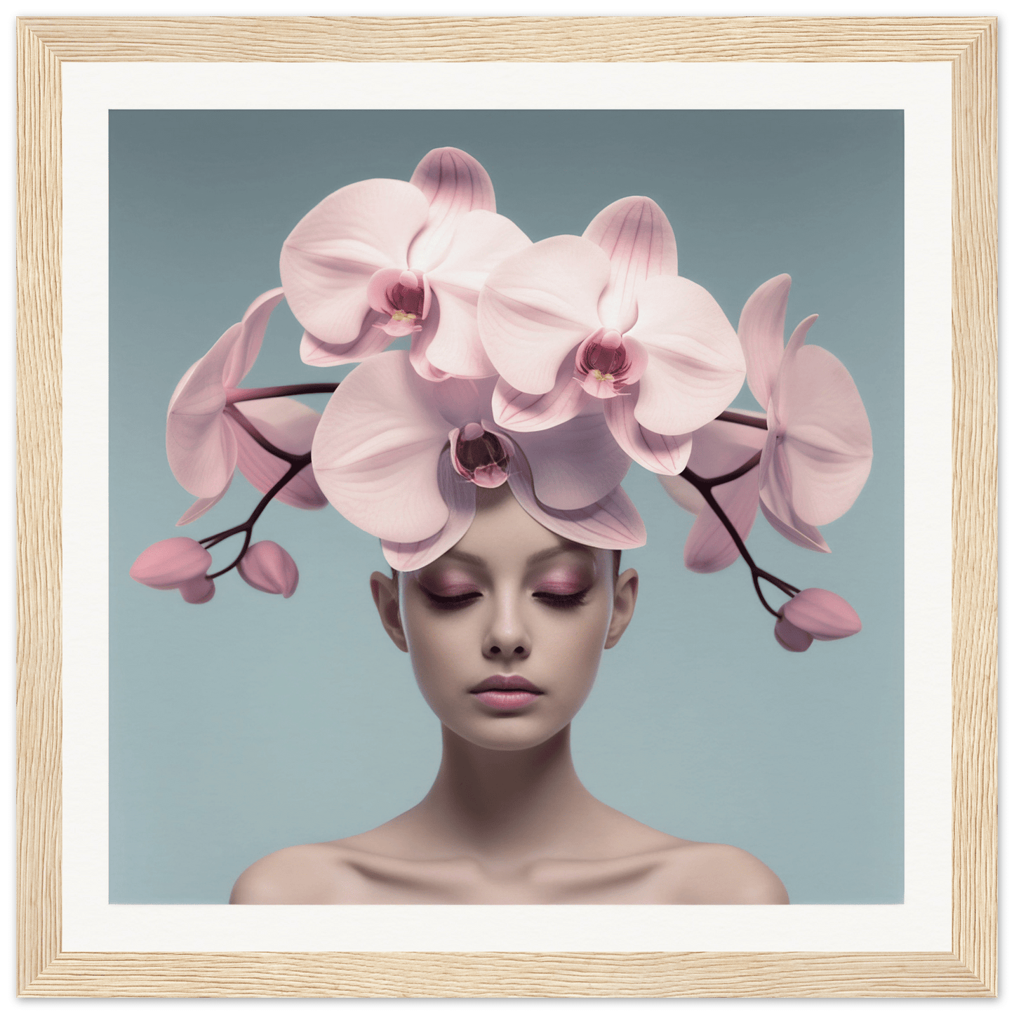 Pale pink orchid flowers arranged as an elaborate headdress.