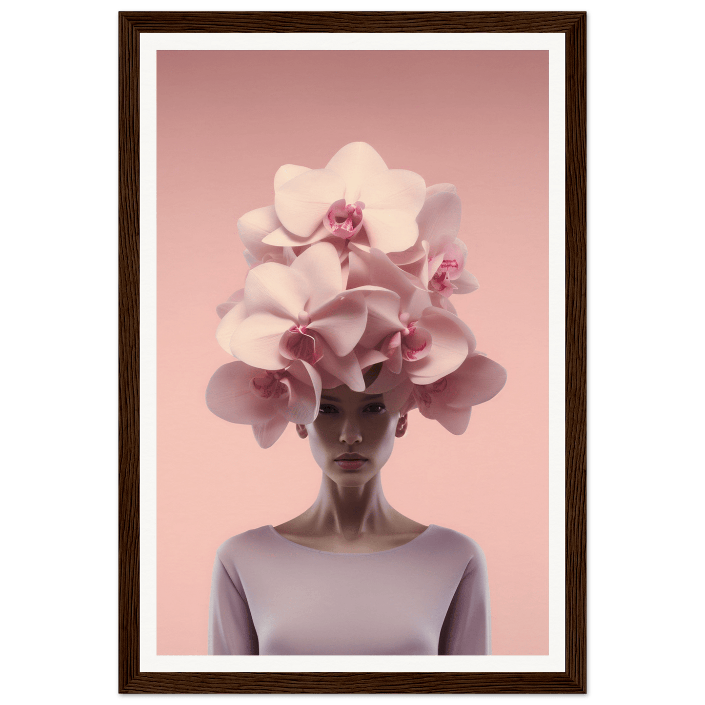 Surreal portrait of a person wearing an elaborate orchid headdress.