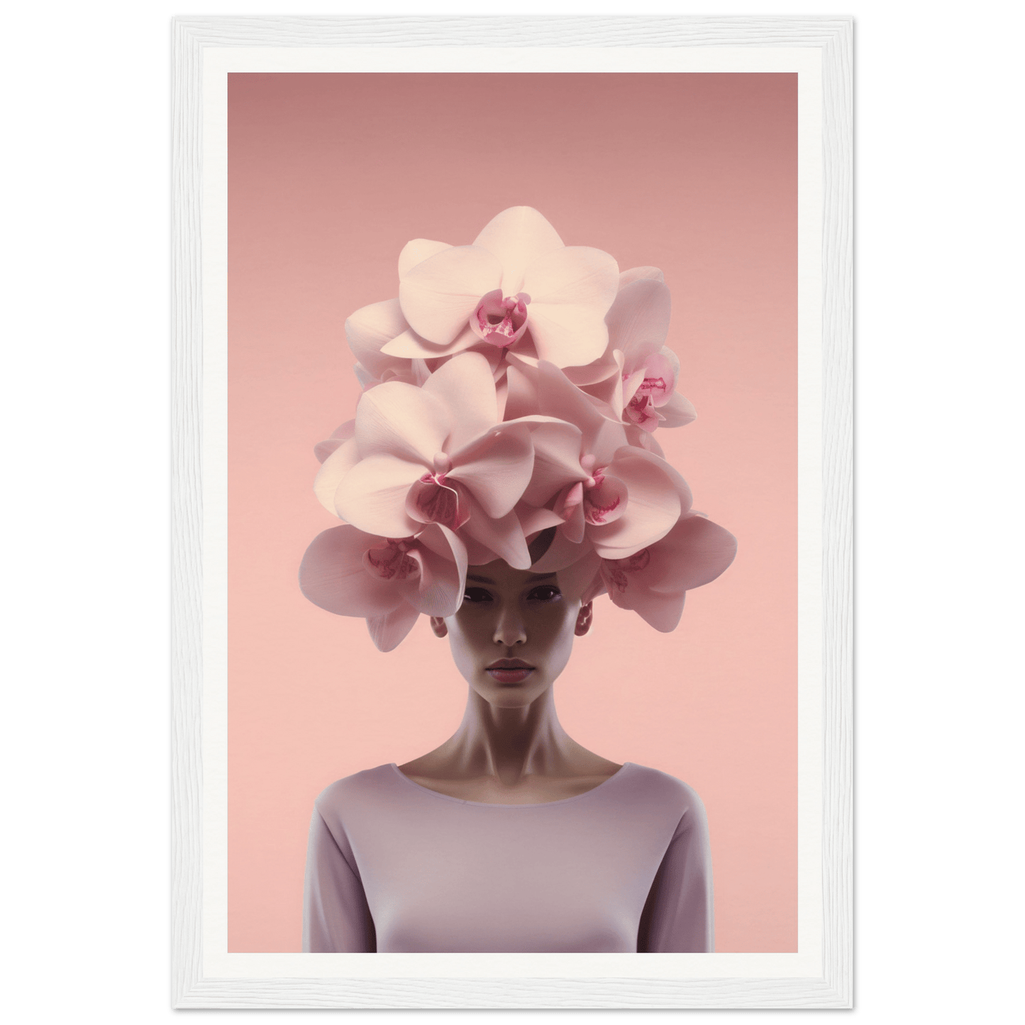 Elaborate floral headpiece resembling pink orchids atop a person’s head.