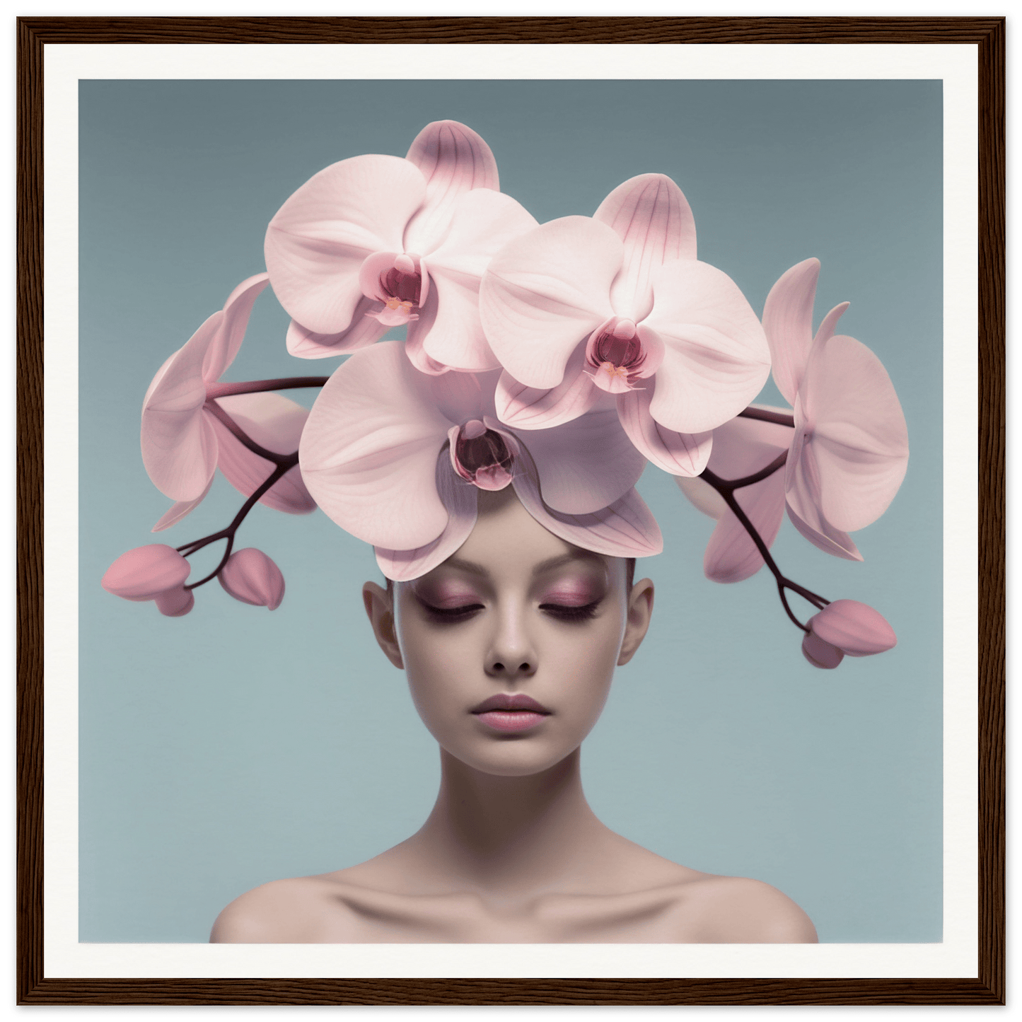 Pale pink orchid blooms arranged atop a person’s head like an elaborate floral headdress.