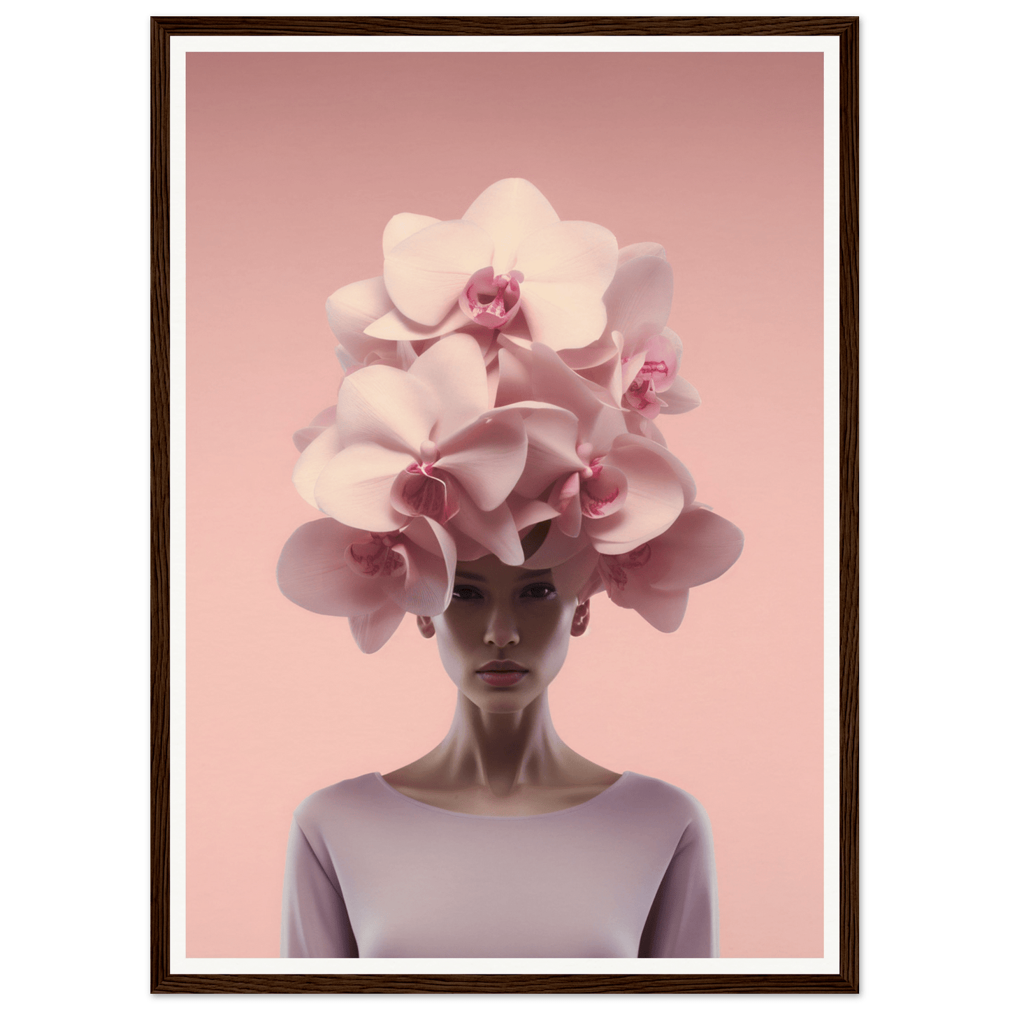 A person wearing an elaborate orchid headdress.