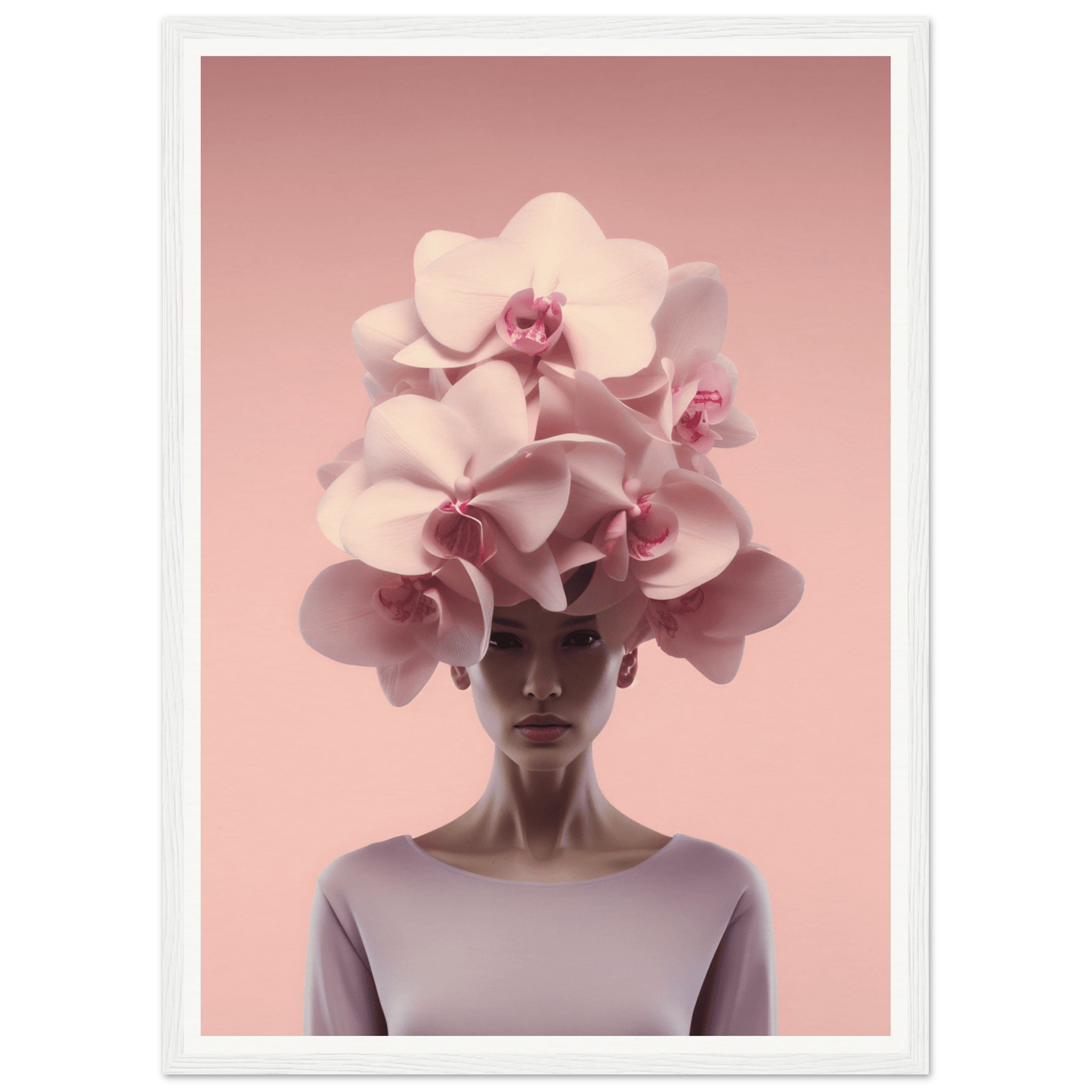 Surreal portrait featuring a figure wearing an elaborate orchid headdress.