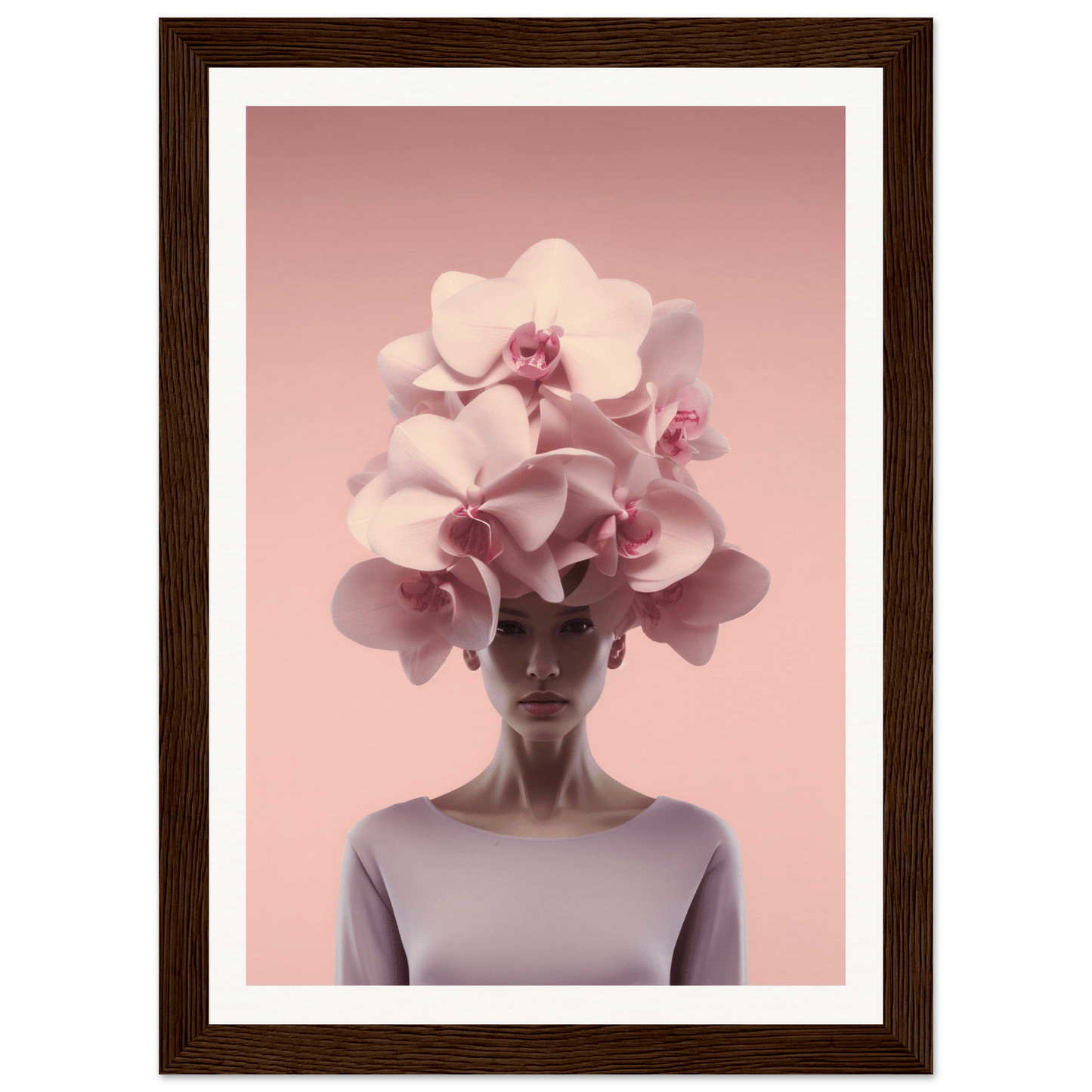 Surreal portrait featuring a figure wearing an elaborate orchid headdress.