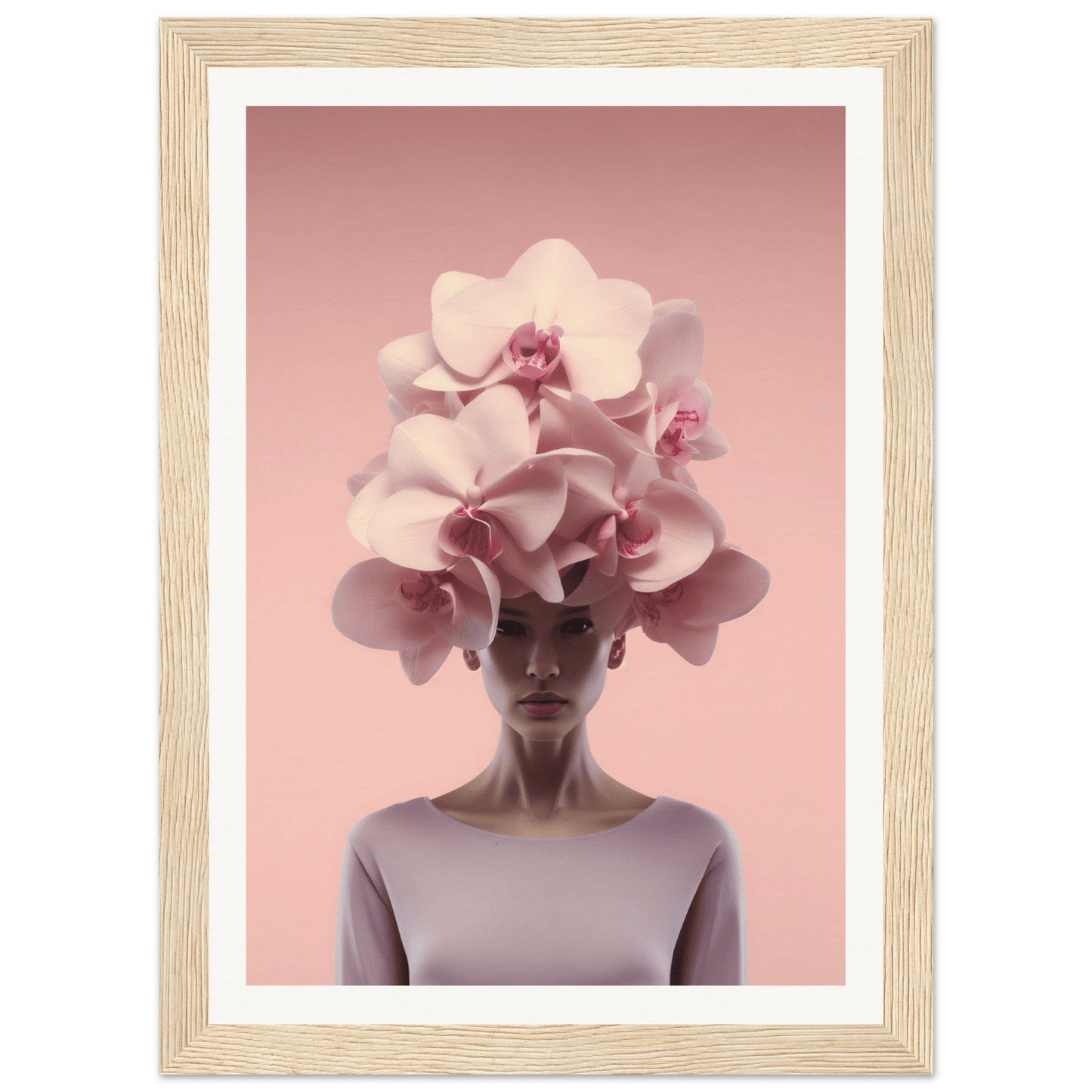 Surreal portrait featuring a figure wearing an elaborate orchid headdress.