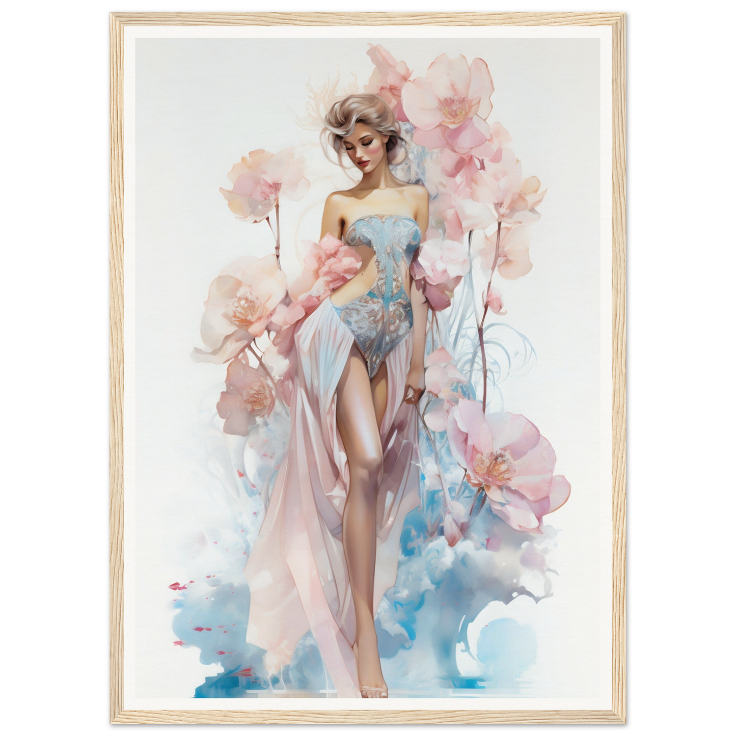 Watercolor painting of a woman in a flowing dress surrounded by pink flowers.