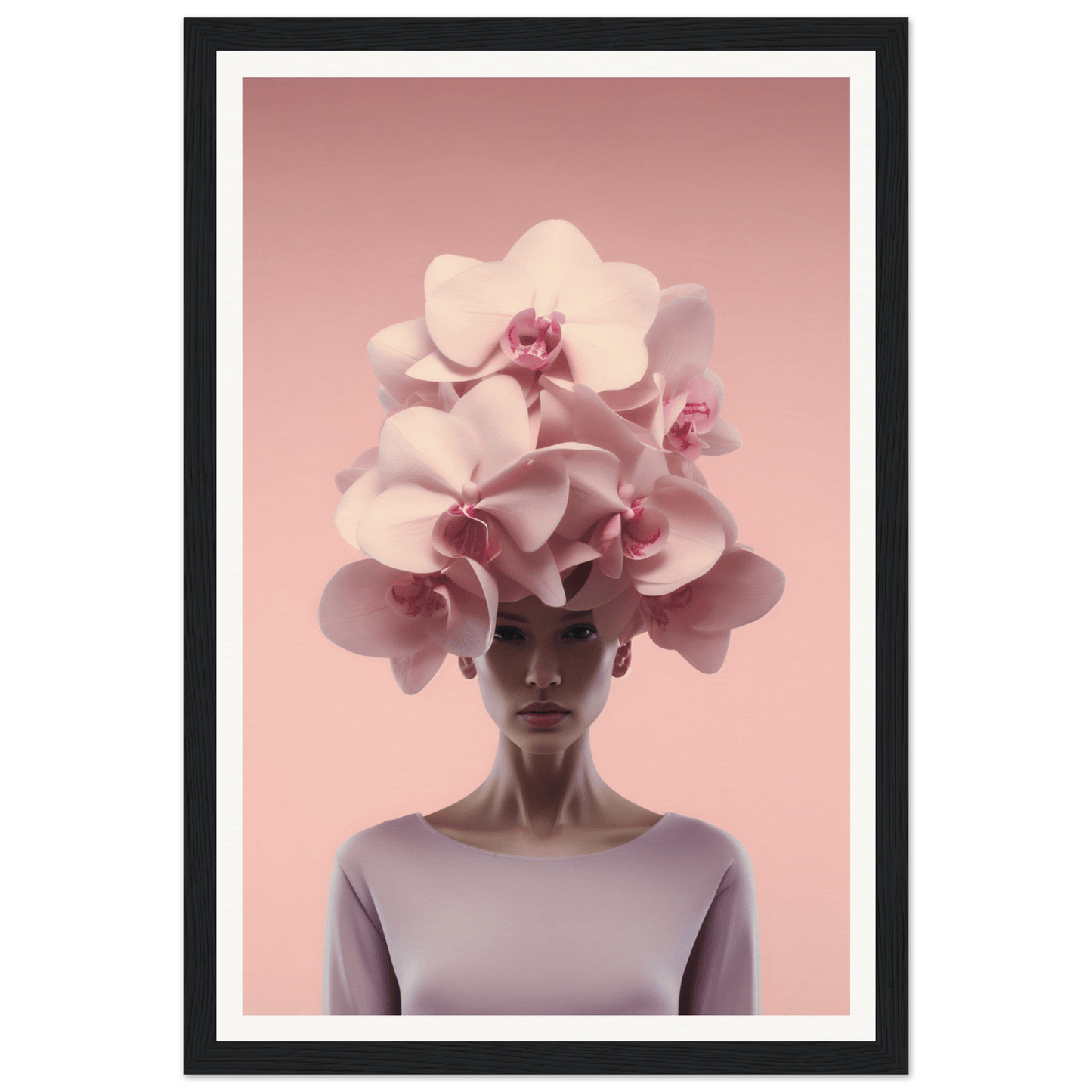 Surreal portrait featuring a person wearing an elaborate orchid headdress.