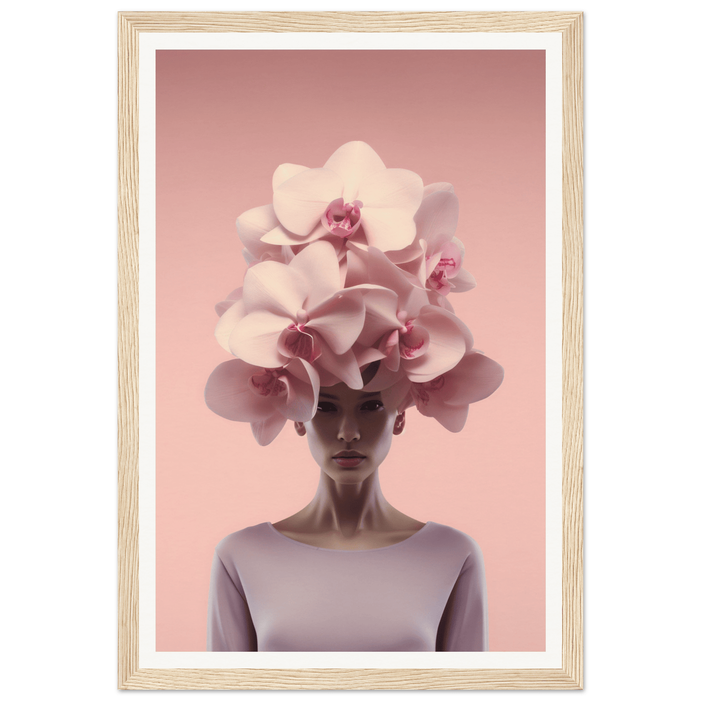 Surreal portrait featuring a figure wearing an elaborate orchid headdress.